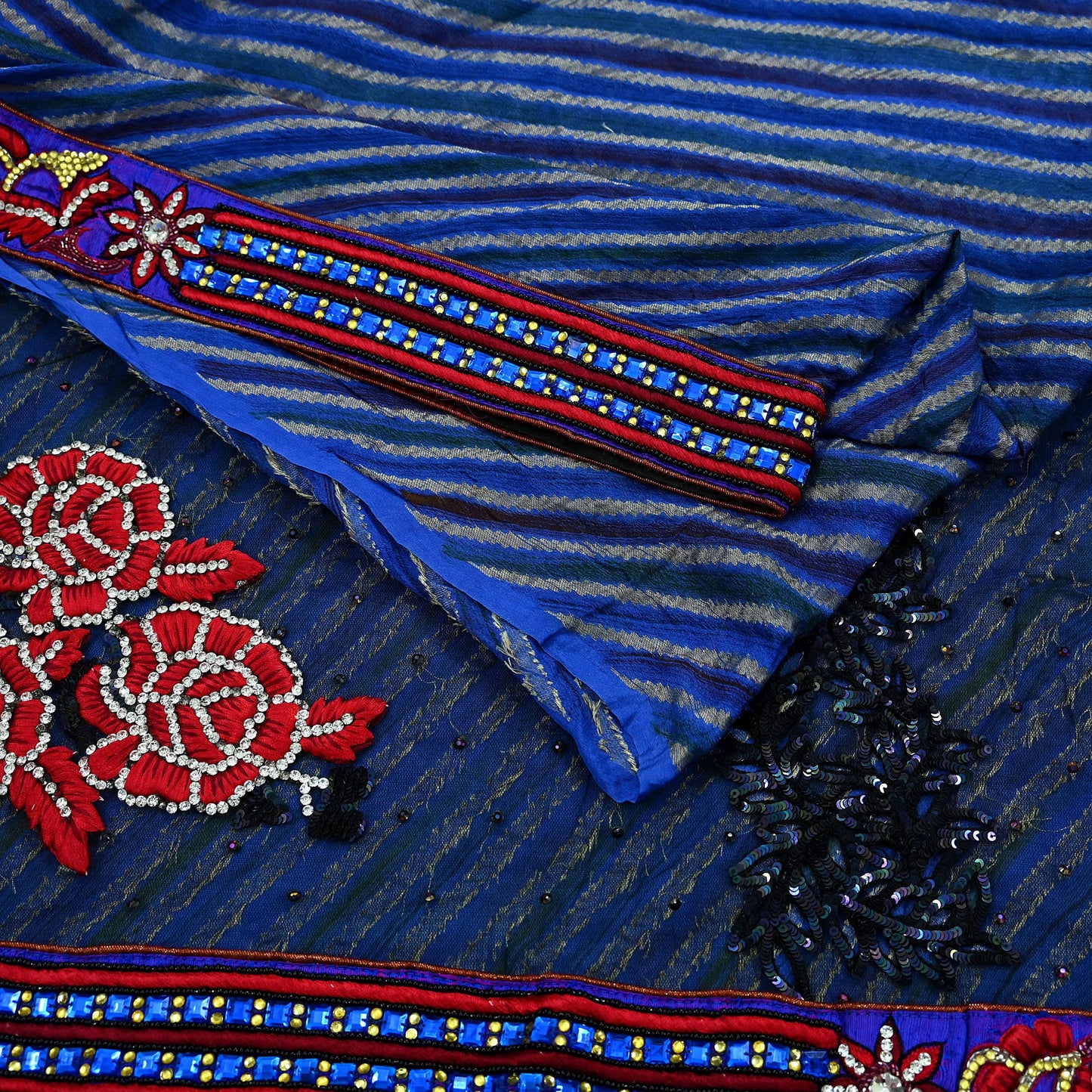 Indian Vintage Sari Black & Blue Pure Georgette Silk NetHand Beaded Sarees Fabric 6Yd Sewing Ethnic With Matching Unstitched Blouse Fabric