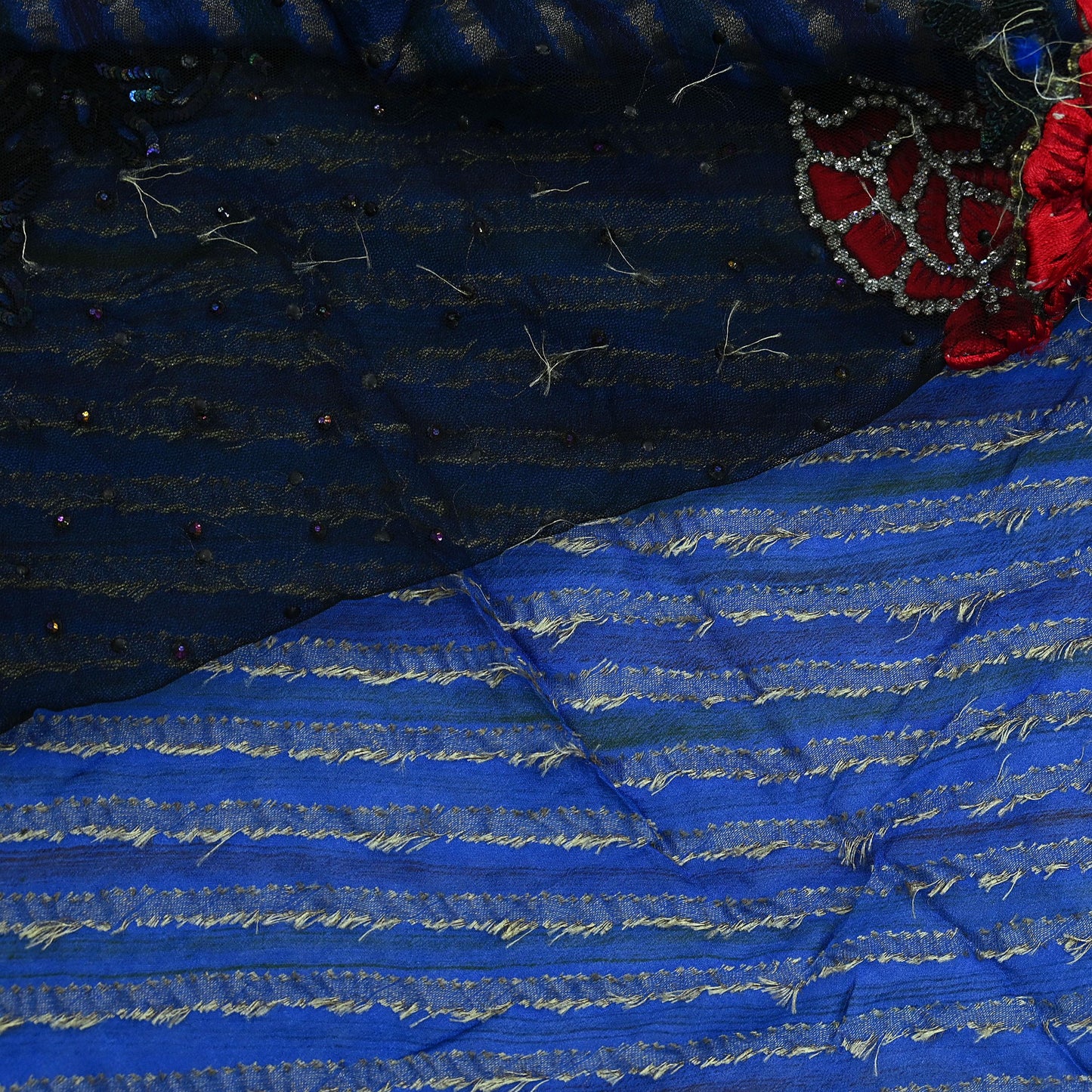 Indian Vintage Sari Black & Blue Pure Georgette Silk NetHand Beaded Sarees Fabric 6Yd Sewing Ethnic With Matching Unstitched Blouse Fabric