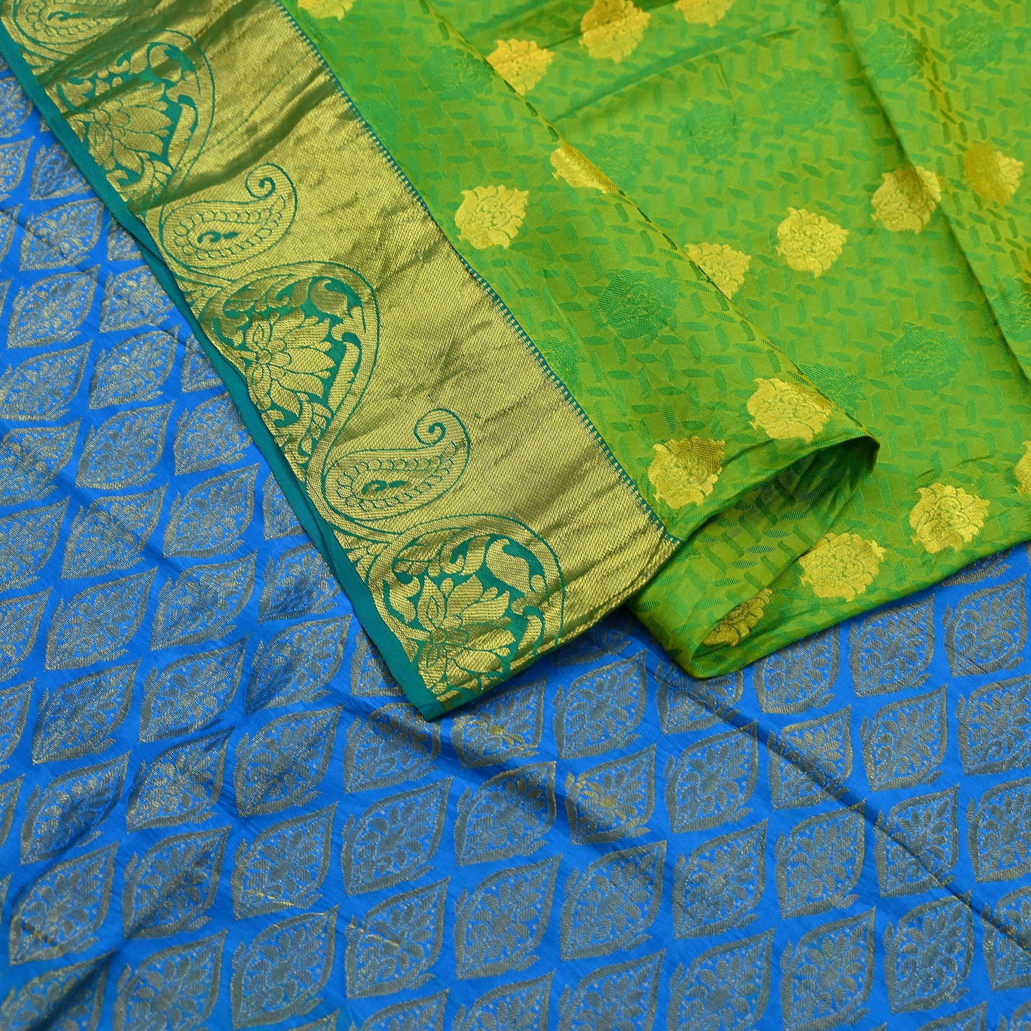 Indian Vintage Heavy Sari Green & Blue Kanjivaram Saree 100% Pure Silk Zari 5Yd Crafting Dress making For Crafting Quilting Upcycle