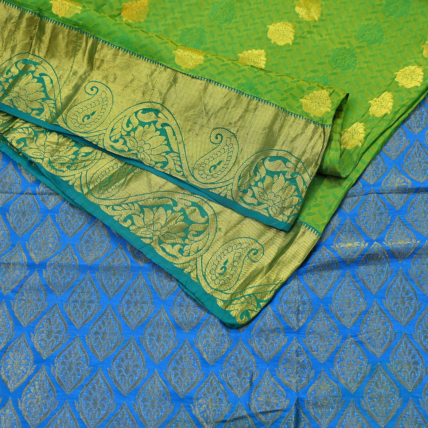 Indian Vintage Heavy Sari Green & Blue Kanjivaram Saree 100% Pure Silk Zari 5Yd Crafting Dress making For Crafting Quilting Upcycle