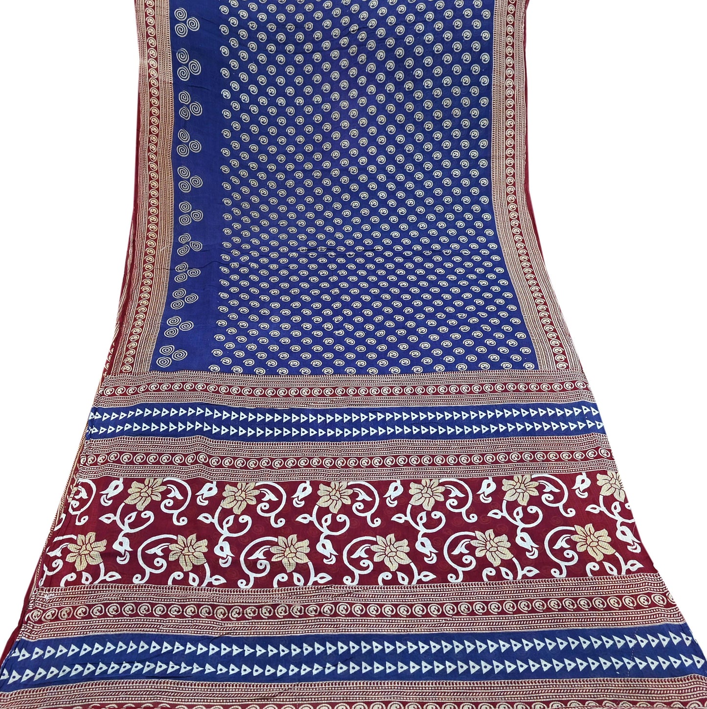 Indian Vintage Sari Maroon & Blue Printed Sarees Pure Cotton Craft Fabric Soft 5Yd Sewing Sarong Wrap Boho Floral Dress making Quilting