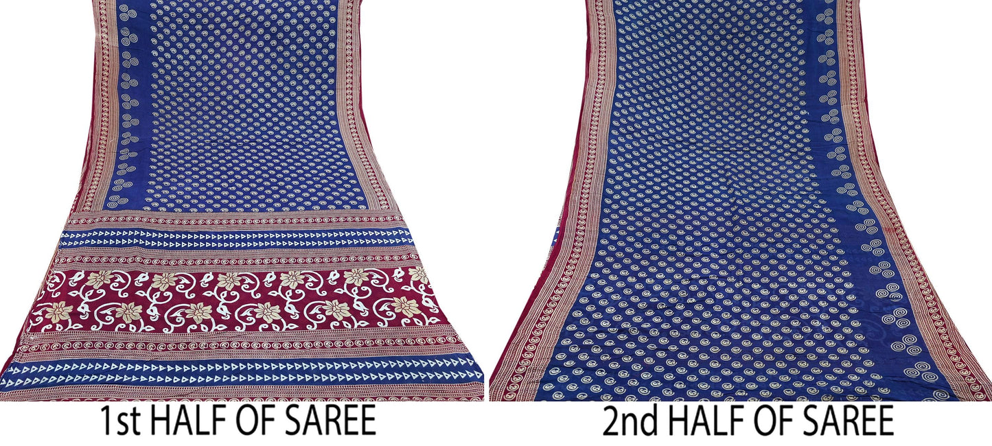 Indian Vintage Sari Maroon & Blue Printed Sarees Pure Cotton Craft Fabric Soft 5Yd Sewing Sarong Wrap Boho Floral Dress making Quilting