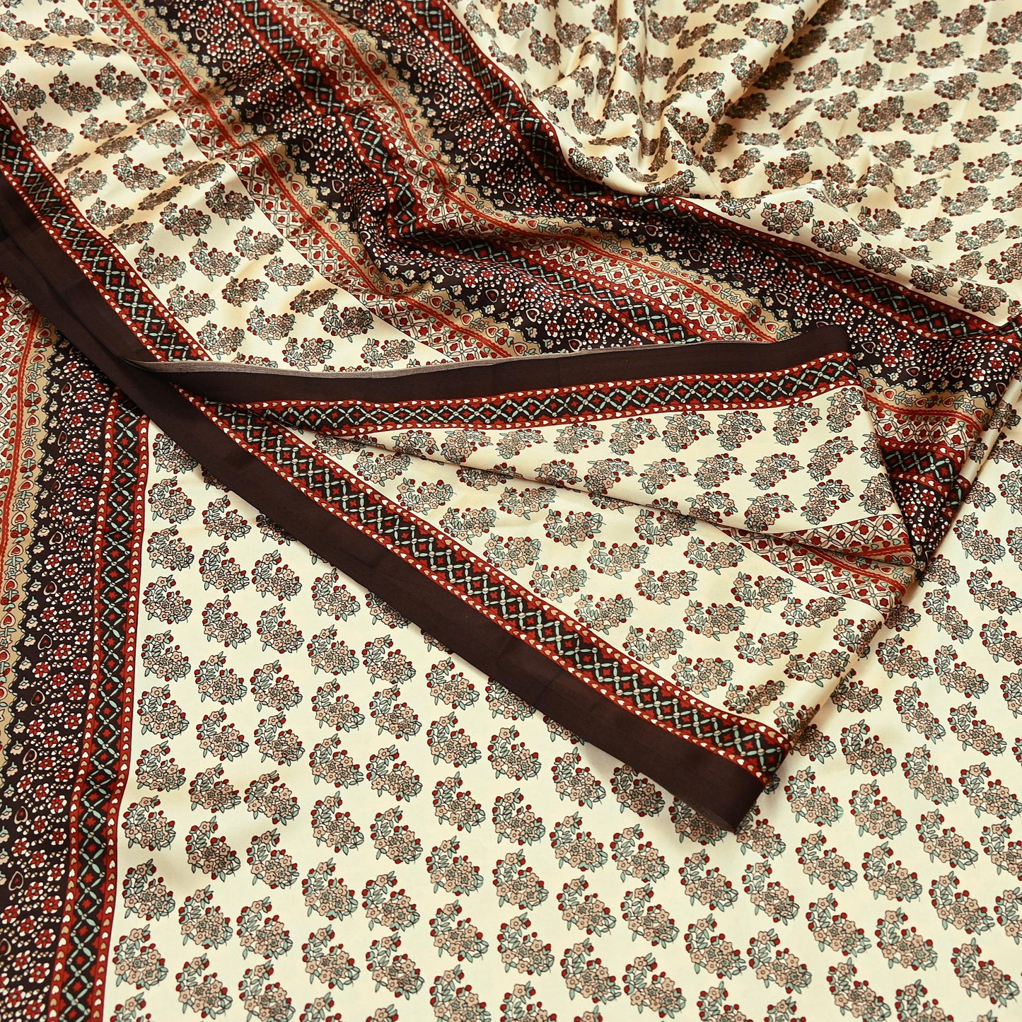 Indian Vintage Saree Beige Satin Printed Sari 5yd Sewing Floral Soft Craft Fabric Dressmaking For Crafting Quilting Upcycle