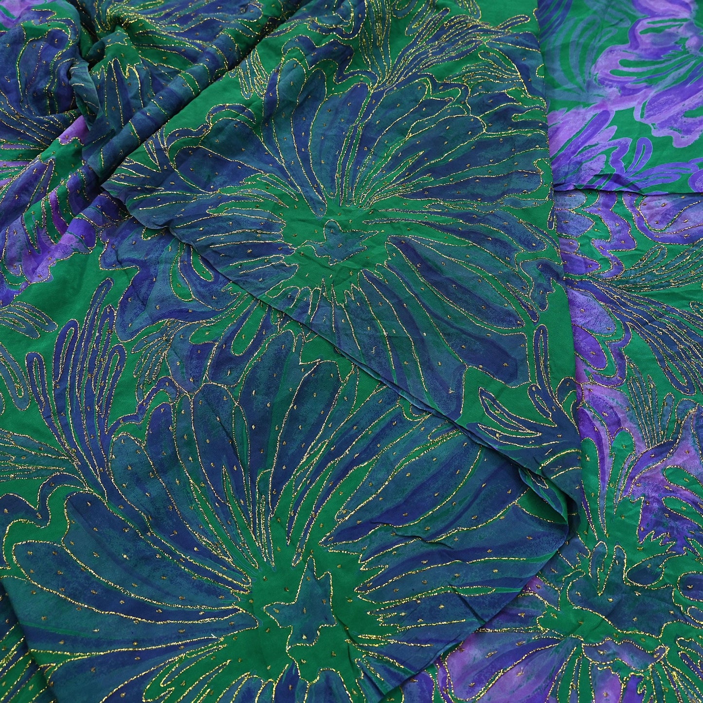 Indian Vintage Sari Green & Purple Pure Crepe Silk Hand Embroidered Saree 5yd Sewing Floral Craft Fabric Dress making For Crafting Upcycle