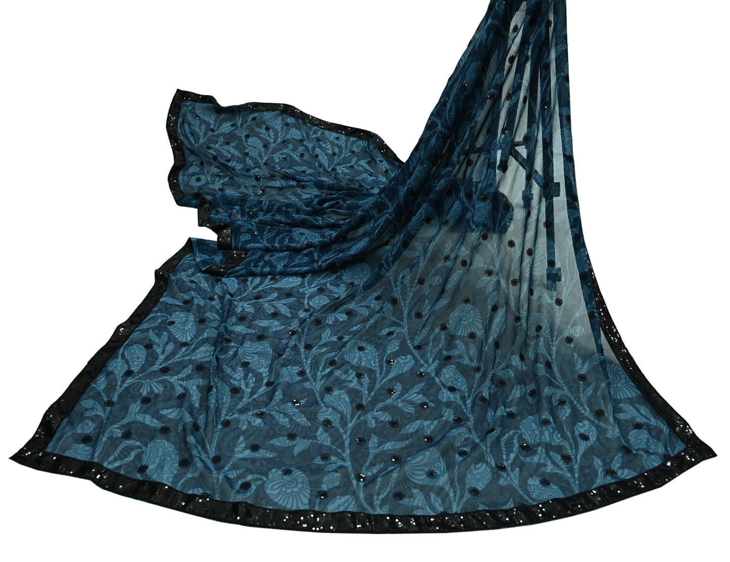 Indian Vintage Dupatta Green Long Stole Hand Beaded Printed Pure Georgette Silk Scarves Veil Wrap Soft Floral