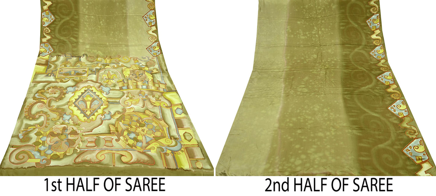 Indian Vintage Green Saree Pure Satin Silk Premium Printed Sari Craft Fabric 5yd Sewing Abstract Soft Dress Making For Crafting Quilting