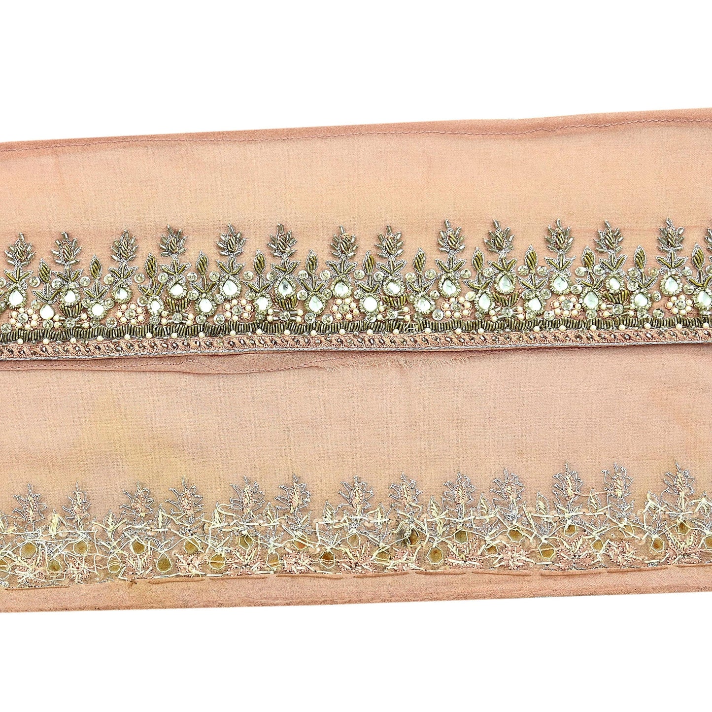 Indian Vintage Peach Sari Border Hand Embroidered Craft Trim Lace Sewing Pure Georgette Silk Ribbon Recycled Zardozi