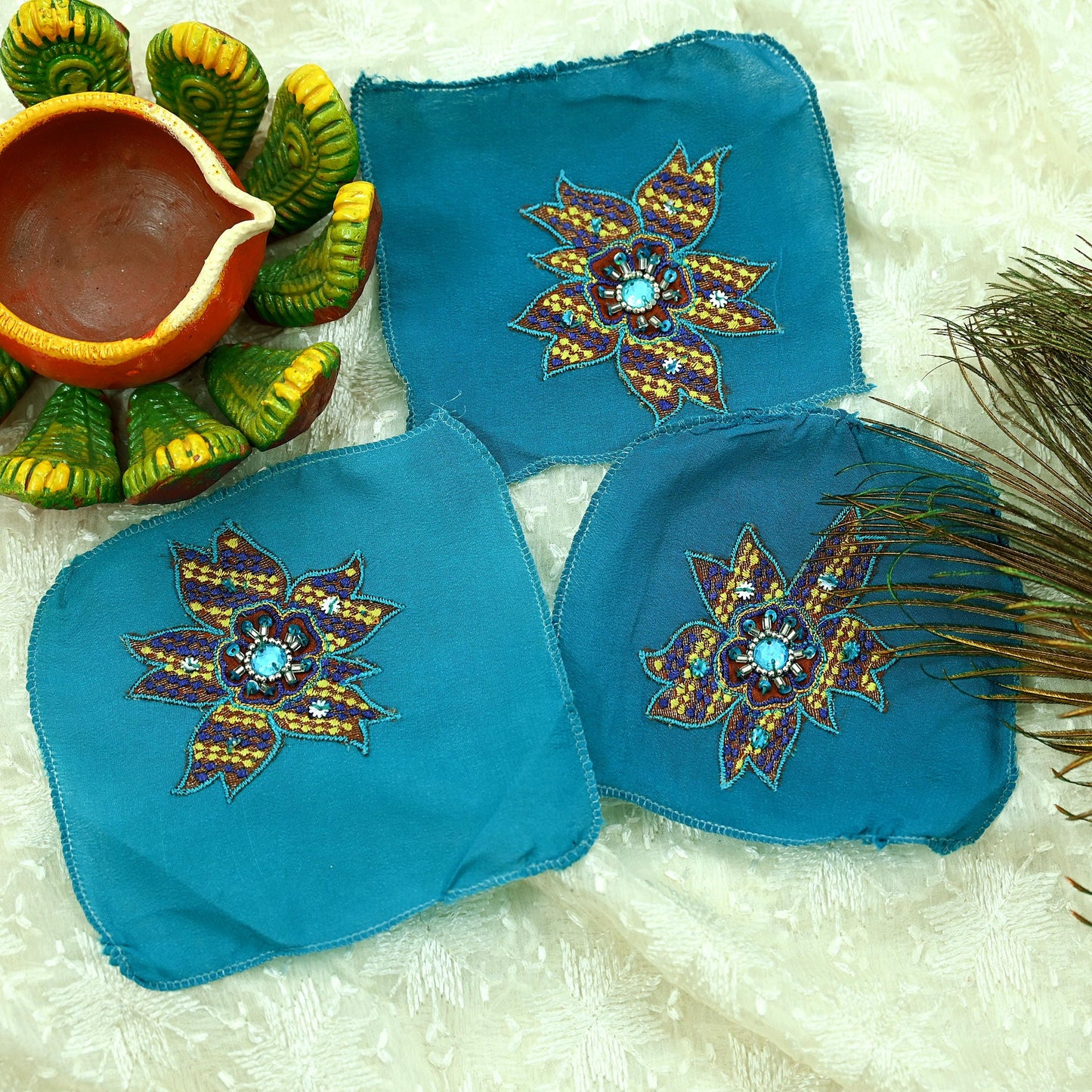 Indian Vintage 3 Pcs Rare Appliques Blue Pure Crepe silk Applique VERY OLD ANTIQUE Vintage Embroidered Snippets Remnants Craft Journals