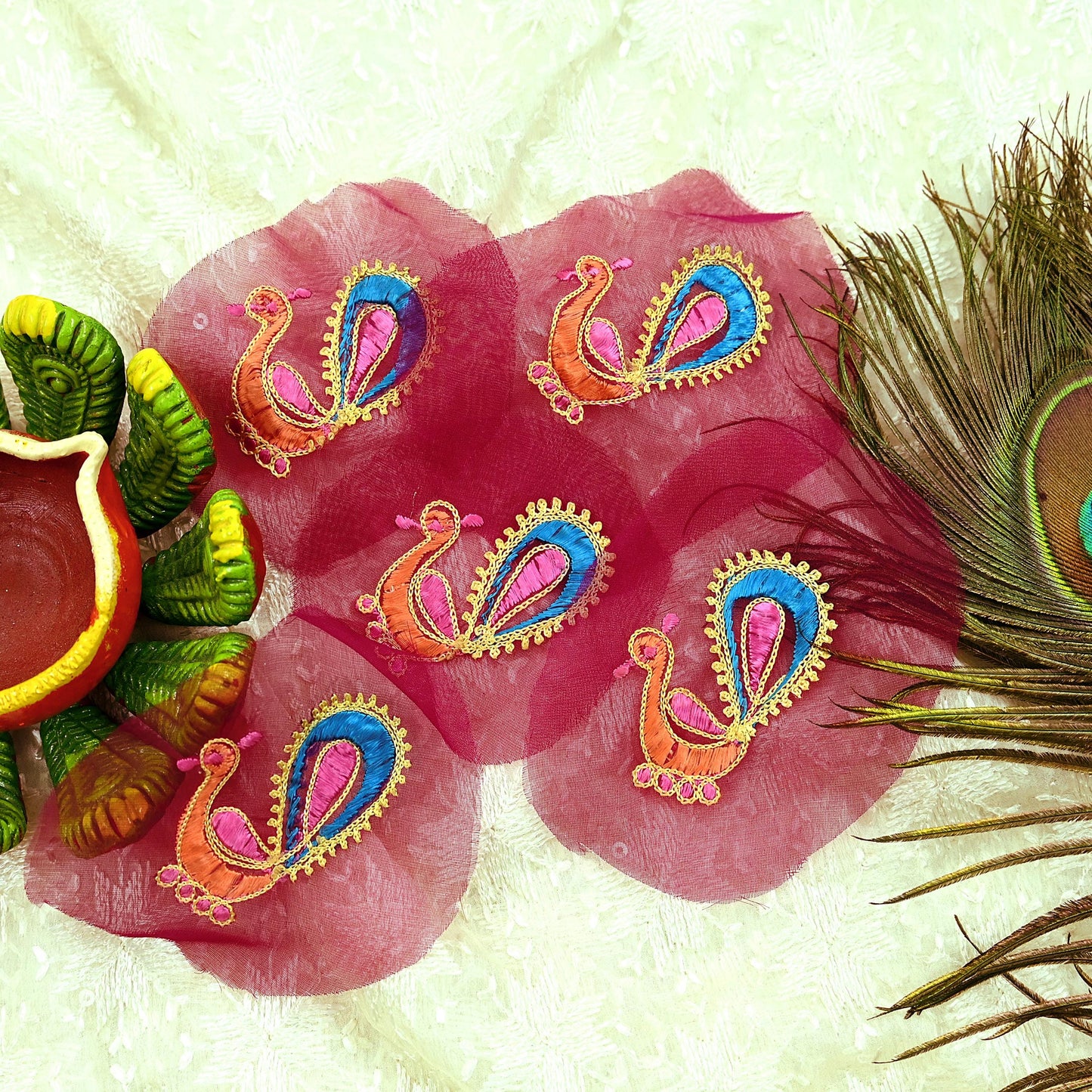 Indian Vintage 5 Pcs Rare Appliques Maroon Georgette Applique VERY OLD ANTIQUE Vintage Embroidered Snippets Remnants Craft Journals Peacock