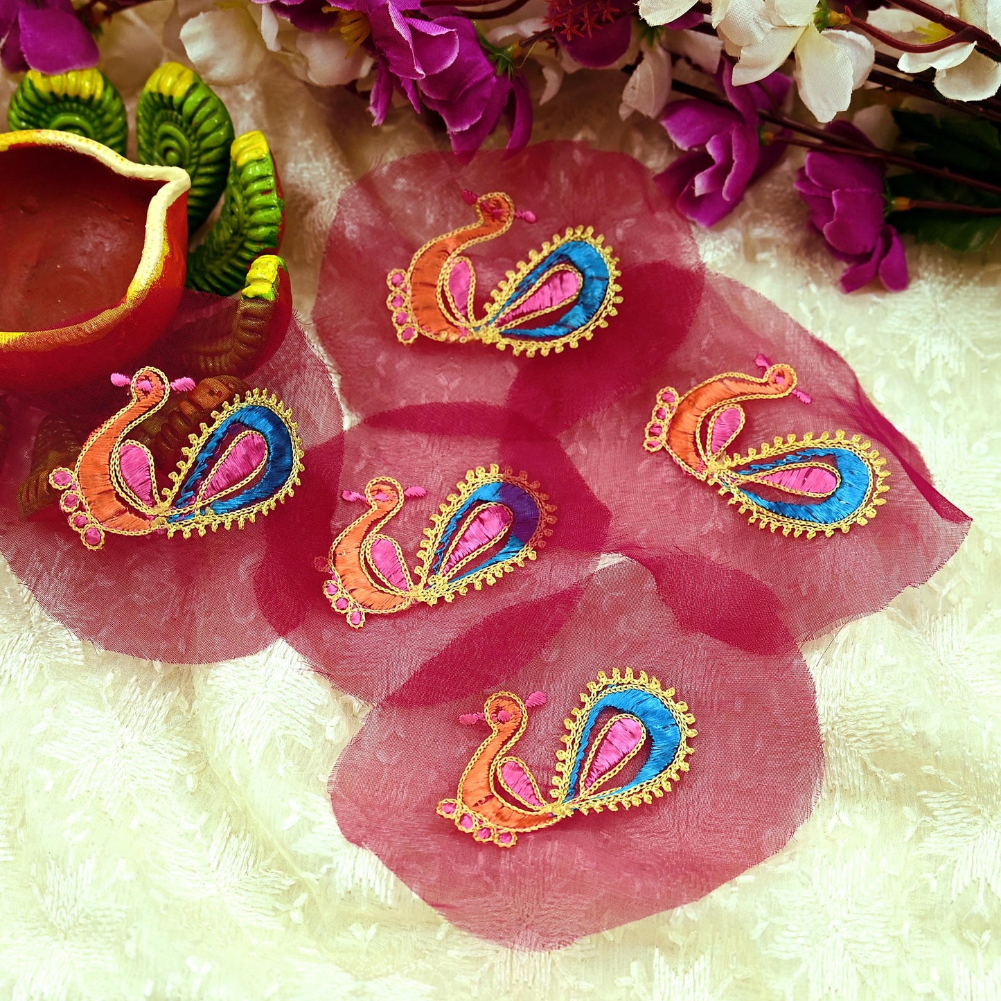 Indian Vintage 5 Pcs Rare Appliques Maroon Georgette Applique VERY OLD ANTIQUE Vintage Embroidered Snippets Remnants Craft Journals Peacock