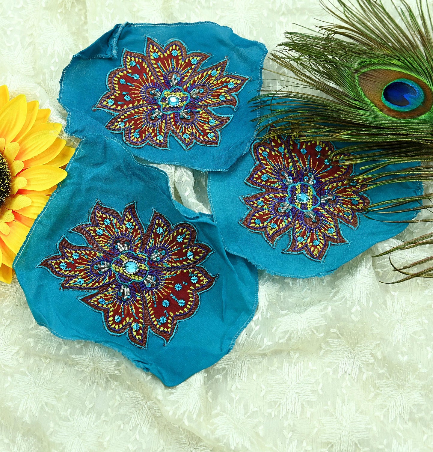 Indian Vintage 3 Pcs Rare Appliques Blue Pure Crepe silk Applique VERY OLD ANTIQUE Vintage Embroidered Snippets Remnants Craft Journals