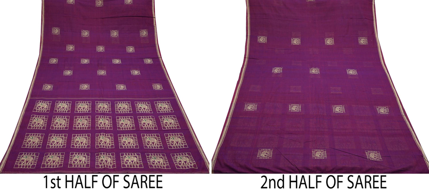 Indian Vintage Sari Purple Pure Cotton Hand Woven Sarees Craft Fabric 5yd Ethnic Crafting Quilting Dress Making Quilting Upcycle Elephants
