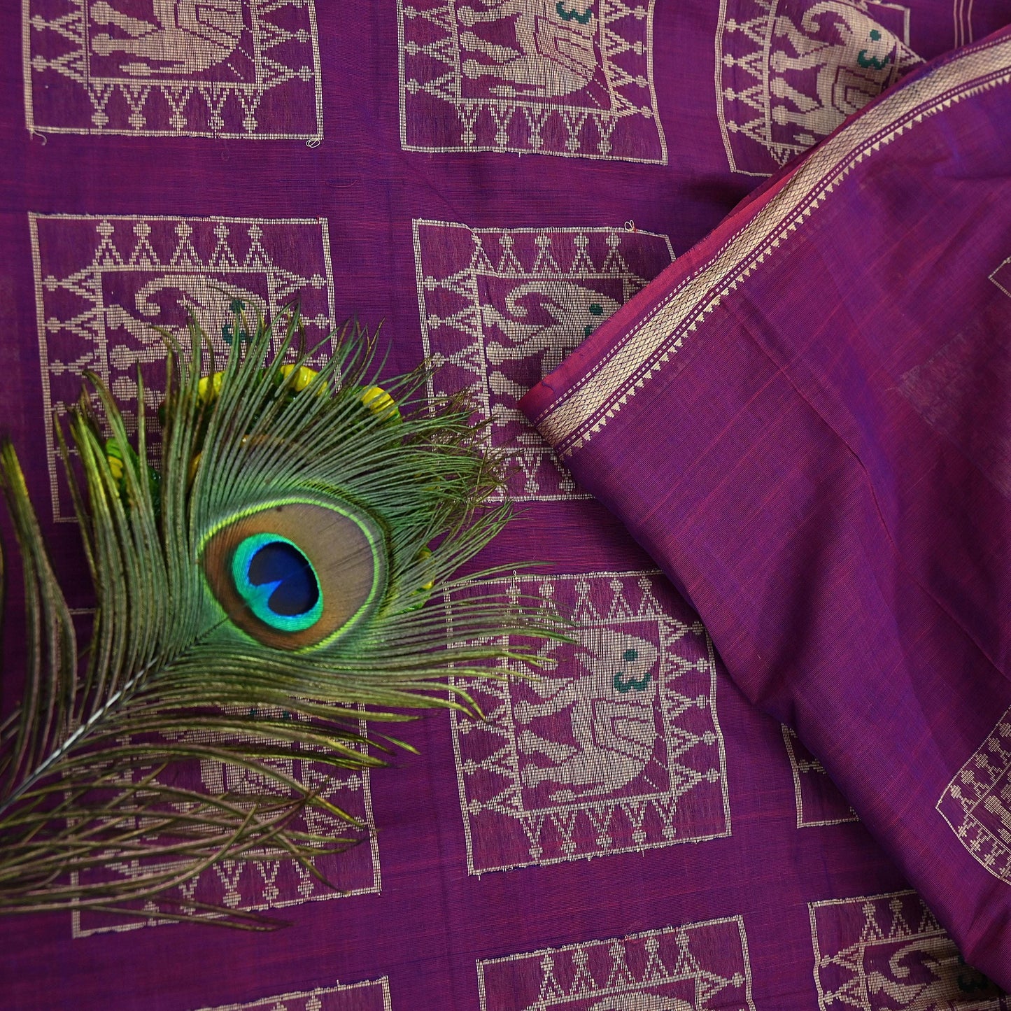 Indian Vintage Sari Purple Pure Cotton Hand Woven Sarees Craft Fabric 5yd Ethnic Crafting Quilting Dress Making Quilting Upcycle Elephants