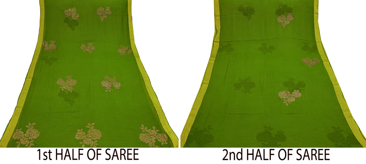 Indian Vintage Sari Green Blend Chiffon Woven Sarees Sari 5Yd Craft Fabric Dress Making Sewing Crafting Zari Border
