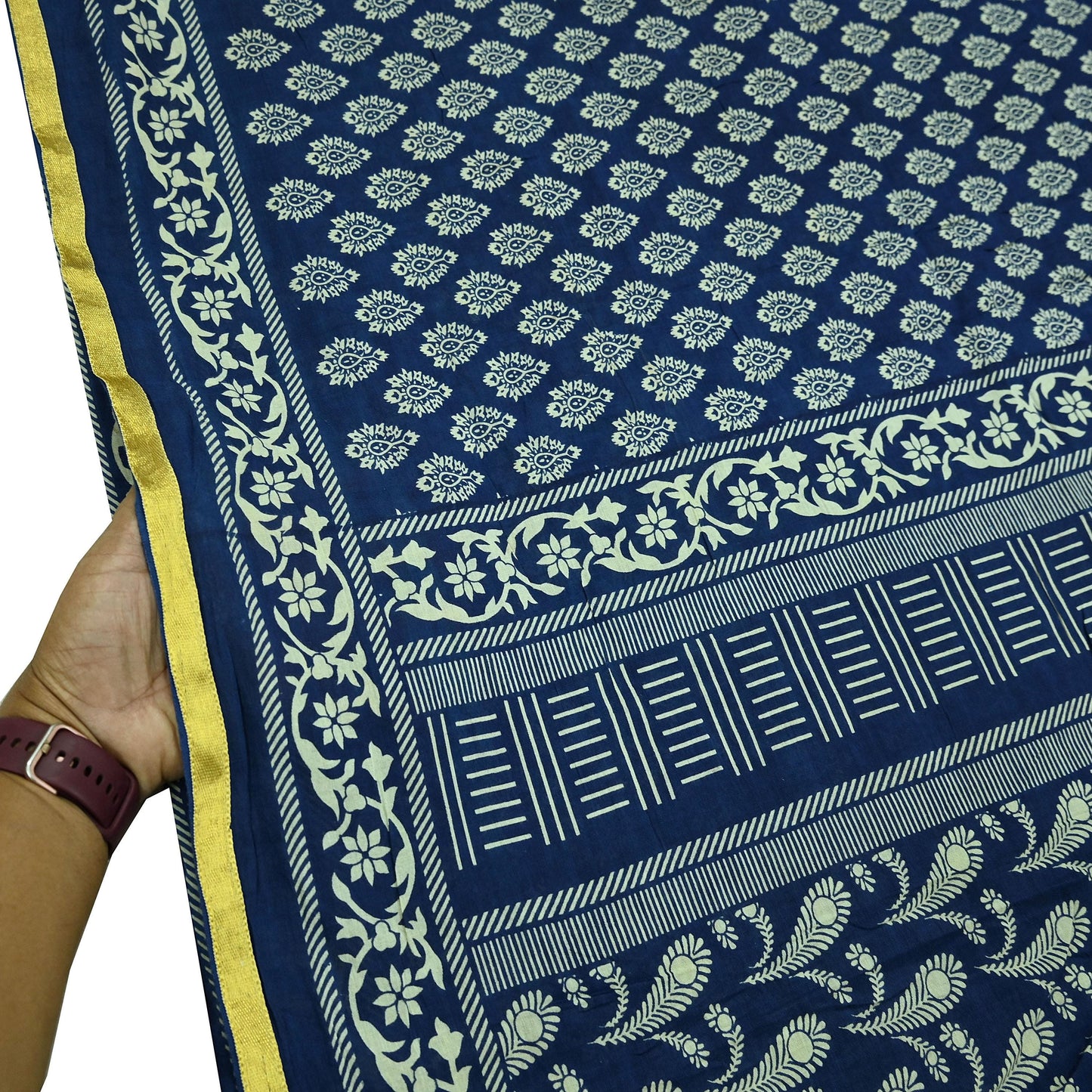 Indian Vintage Sari Blue Pure Chanderi Cotton Hand Block Printed Sarees 5Yd Craft Fabric Soft Sewing Sarong Dress Making Quilting