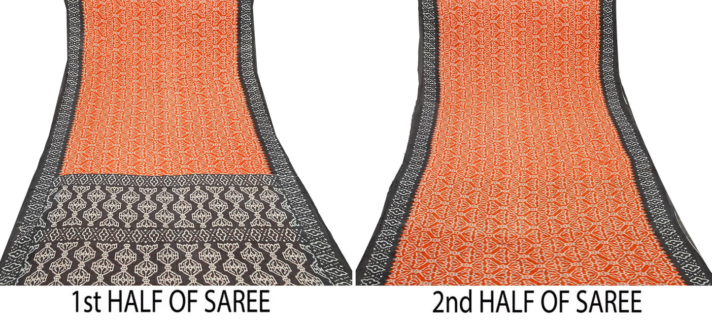 Indian Vintage Sari Brown & Orange Printed Pure Cotton Sarees Craft Soft Fabric 5Yd Sewing Sarong Wrap Boho Floral Upcycle Dress making