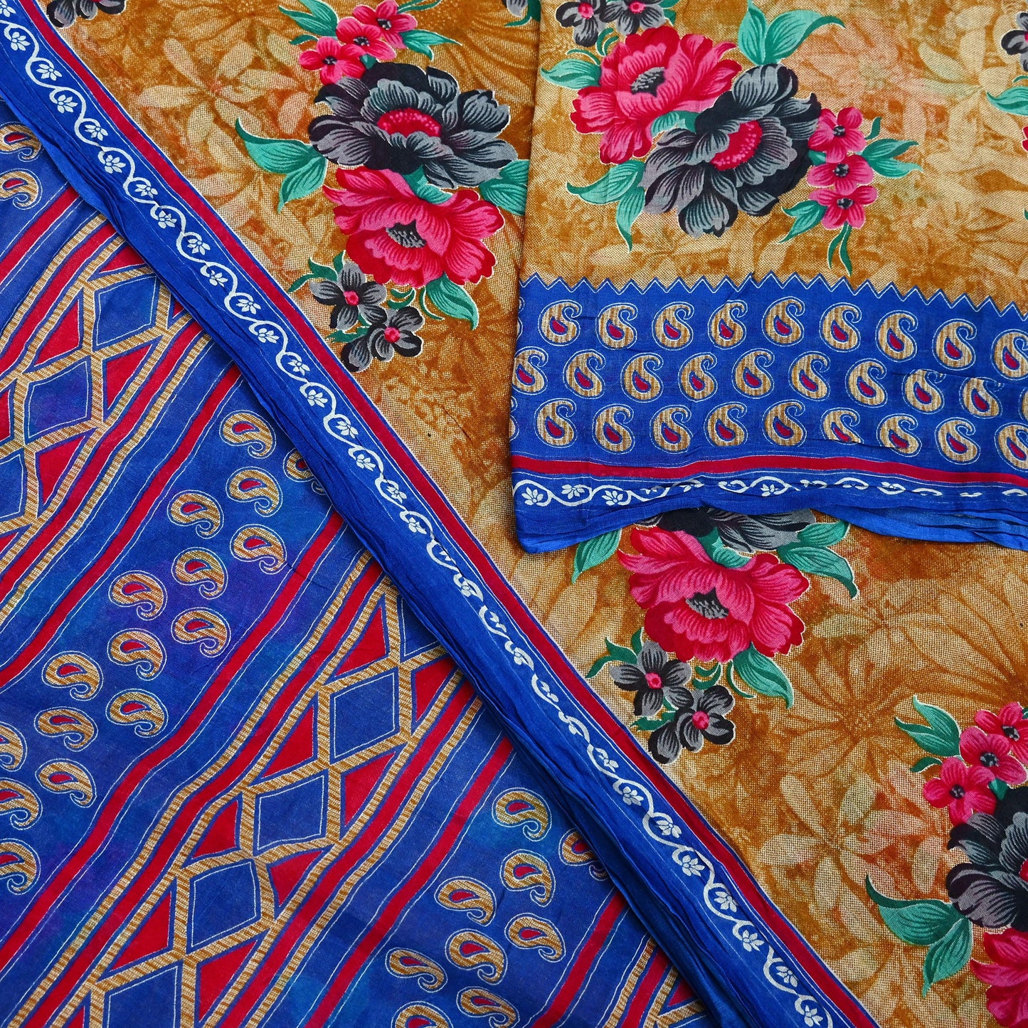 Indian Vintage Saffron & Blue Saree Printed Pure Cotton Sari Craft Fabric 5Yd Sewing Soft Sarong Wrap Boho Floral Quilting Crafting