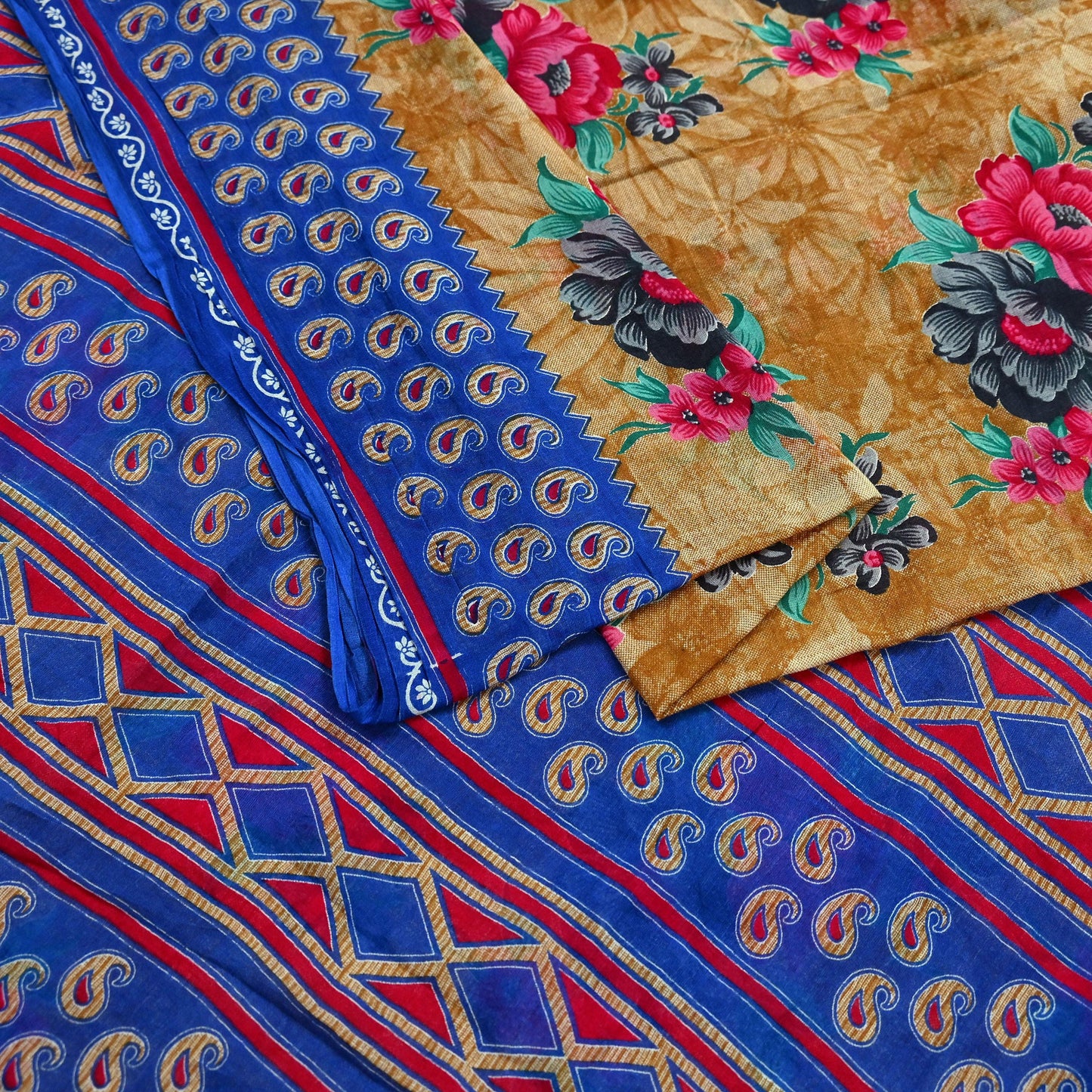Indian Vintage Saffron & Blue Saree Printed Pure Cotton Sari Craft Fabric 5Yd Sewing Soft Sarong Wrap Boho Floral Quilting Crafting