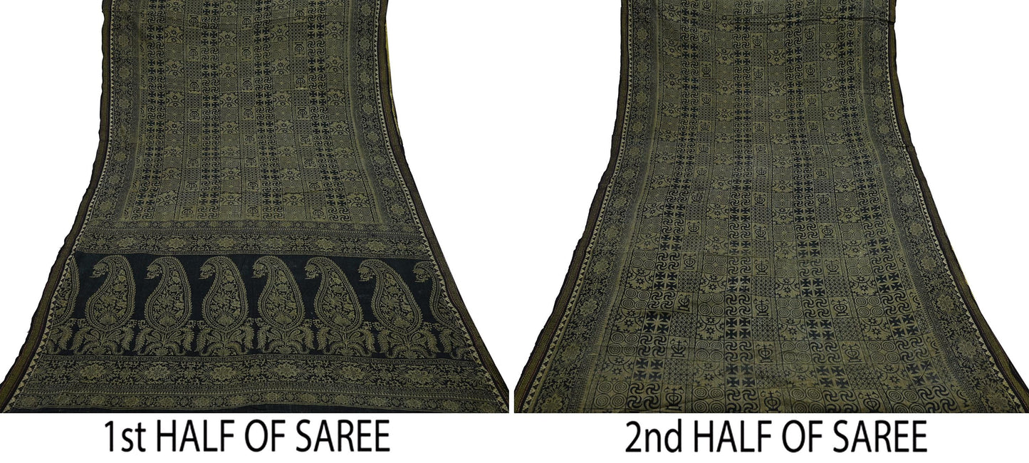 Indian Vintage Sari Beige & Black Printed Pure Cotton Sarees Fabric Floral 5Yd Sarong Wrap Boho Fabric Kimono Soft Dress making Crafting