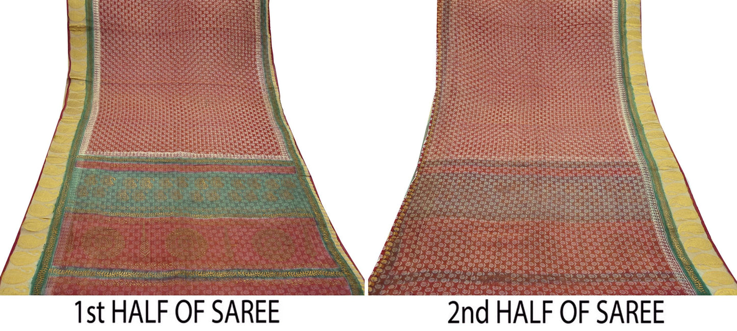 Indian Vintage Sari Red Pure chanderi Silk Hand Woven/ Painted Sarees Craft Fabric 5Yd Floral Soft Golden Zari Bollywood Sarees Crafting
