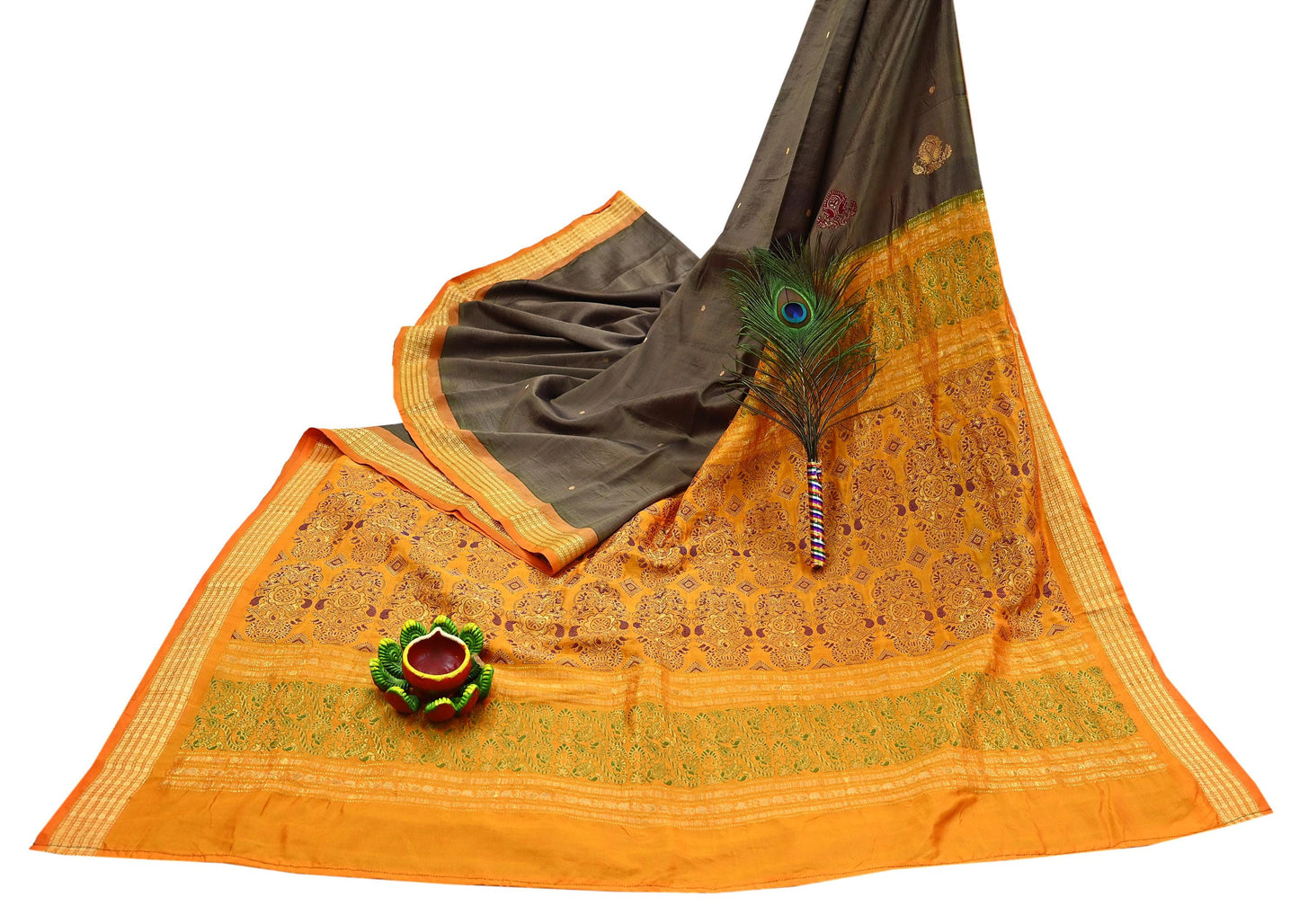 Indian Vintage Sari Saffron & Brown 100% Pure Silk Hand Woven Sarees Craft Fabric 5Yd Ethnic Sewing Dress making Crafting Quilting Upcycle