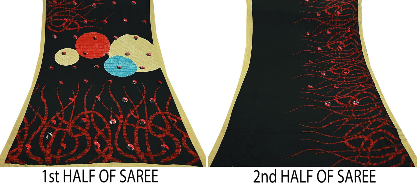 Indian Vintage Saree Red & Black Moss Crepe Embroidered Printed Sari Fabric 5yd Sewing Floral Soft Craft Fabric Dressmaking Quilting