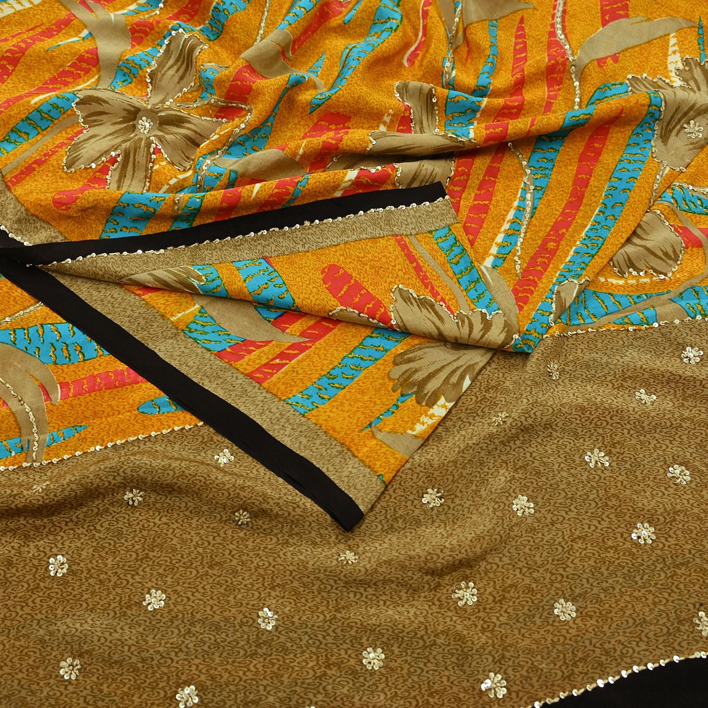 Indian Vintage Sari Saffron & Brown Pure Crepe Silk Hand Embroidered Sarees 5yd Sewing Floral Craft Sequins Dress making Crafting Quilting