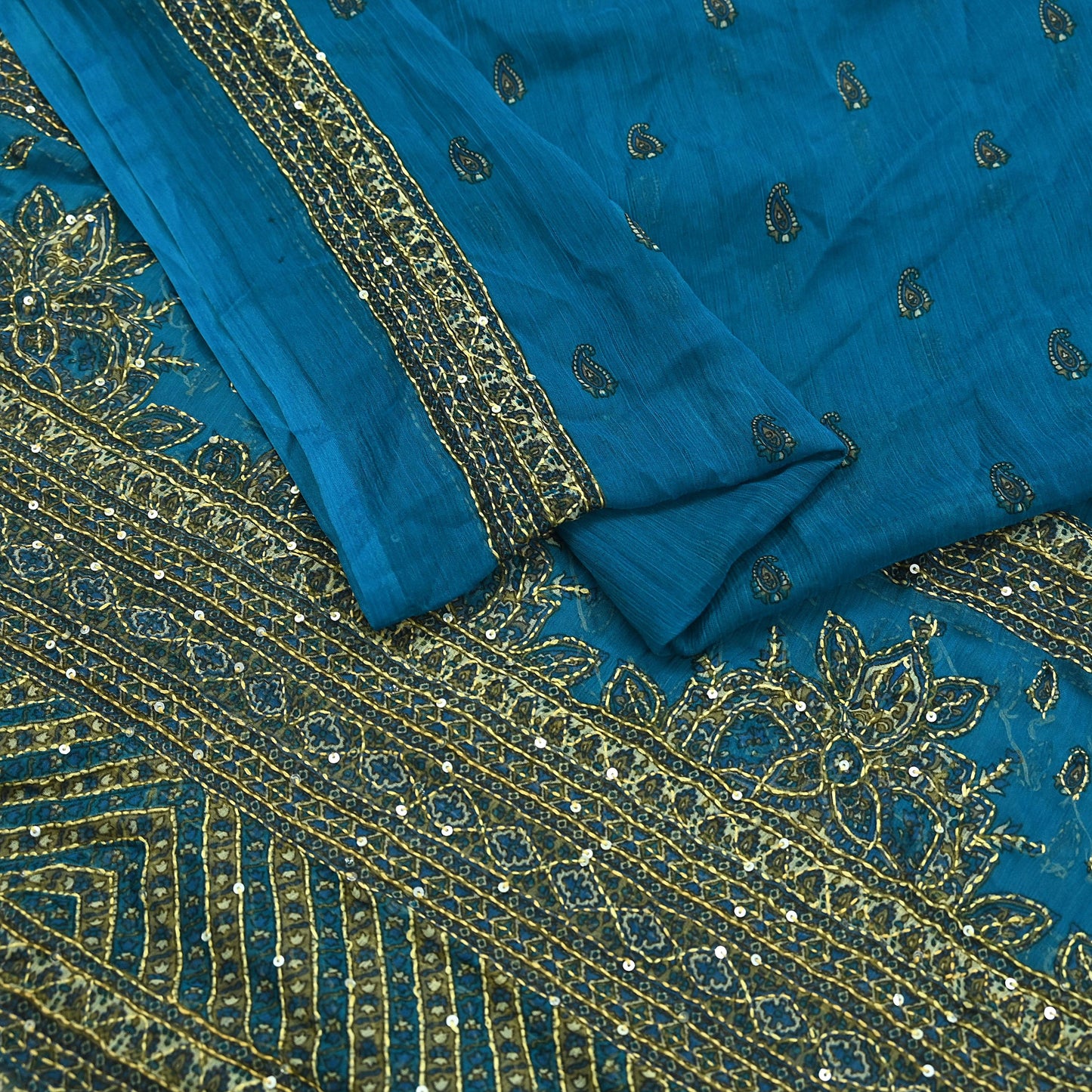 Indian Vintage Dupatta Blue Long Stole Hand Embroidered kantha stole Georgette Scarves Veil Wrap Soft Floral Sequins