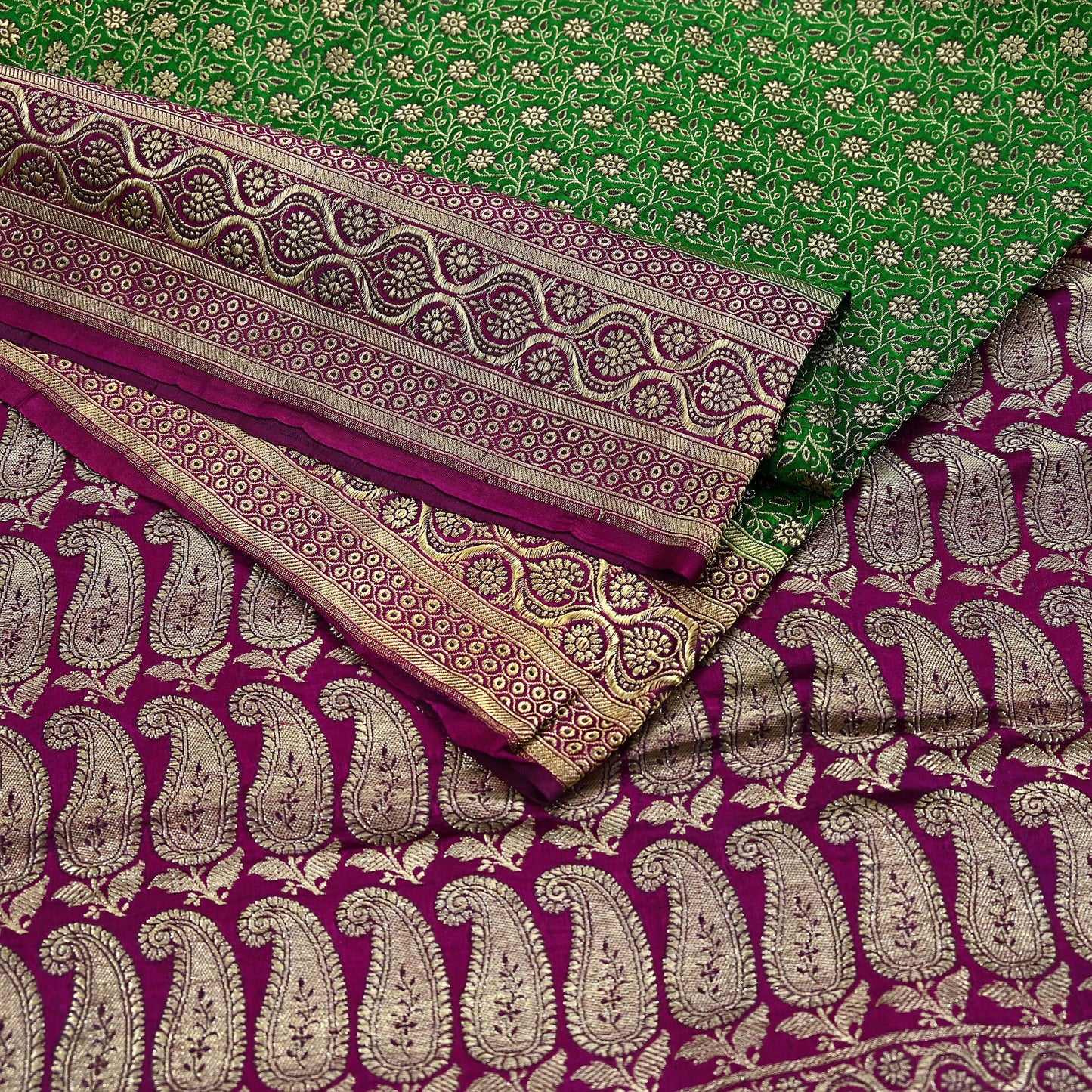 Indian Vintage Sari Green & Purple Heavy Wedding Pure Satin Silk Banarasi Brocade Saree Zari 5Yd Craft Fabric Ethnic Dress making Crafting