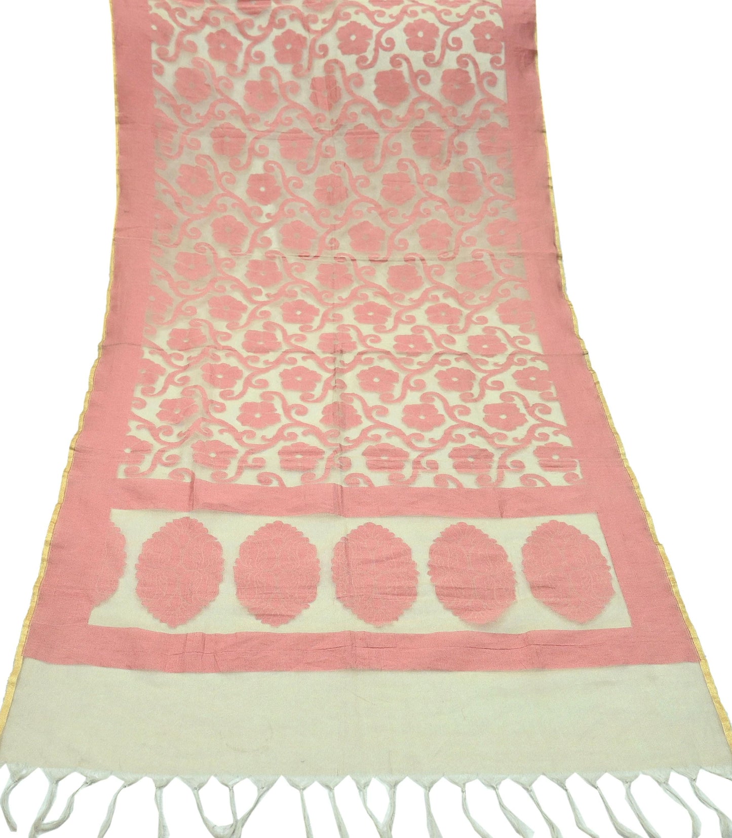 Indian Vintage Beige Dupatta Long Stole Chanderi Woven Scarves Veil Scarf Wrap Hippie Boho Soft Floral Fringes