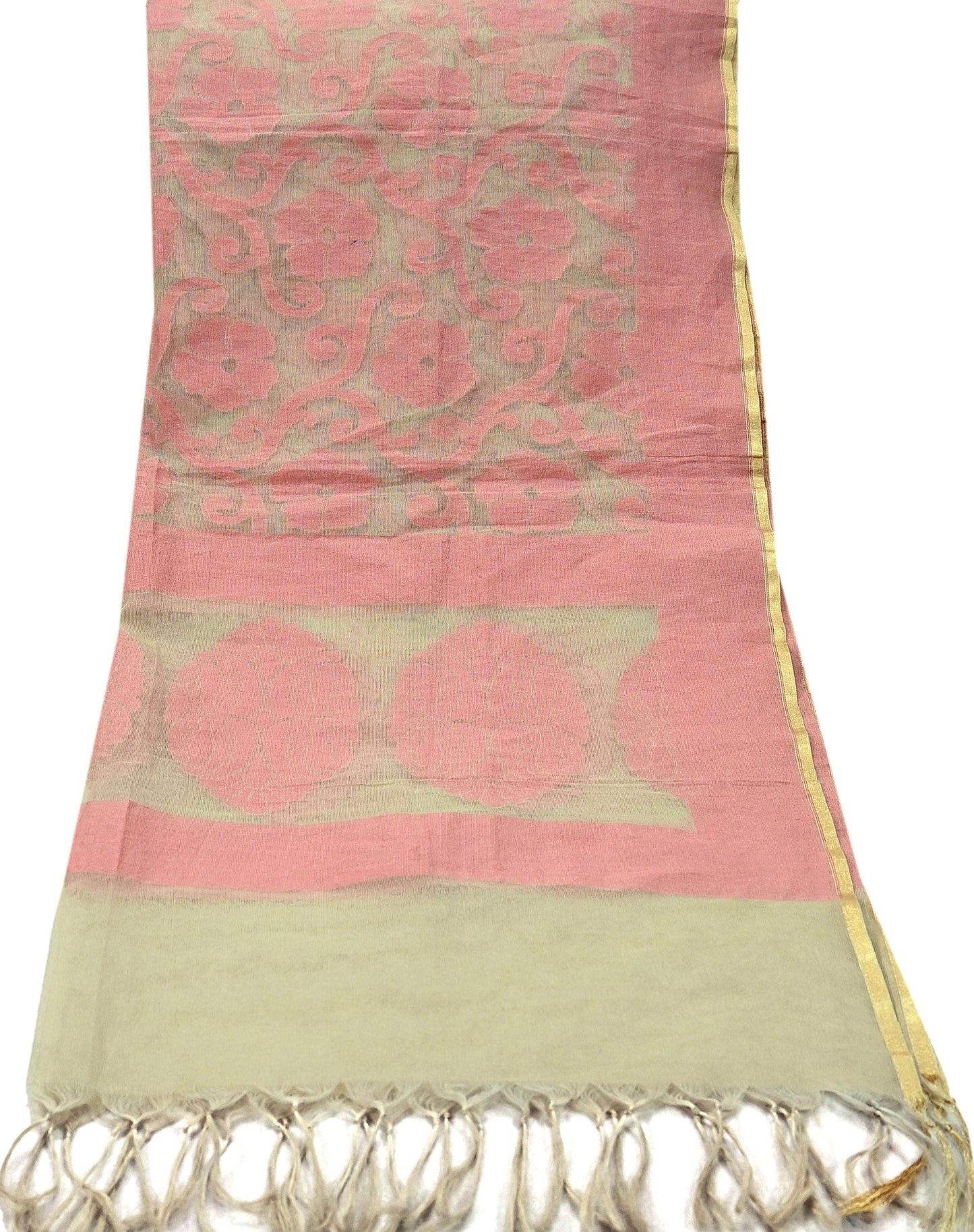 Indian Vintage Beige Dupatta Long Stole Chanderi Woven Scarves Veil Scarf Wrap Hippie Boho Soft Floral Fringes