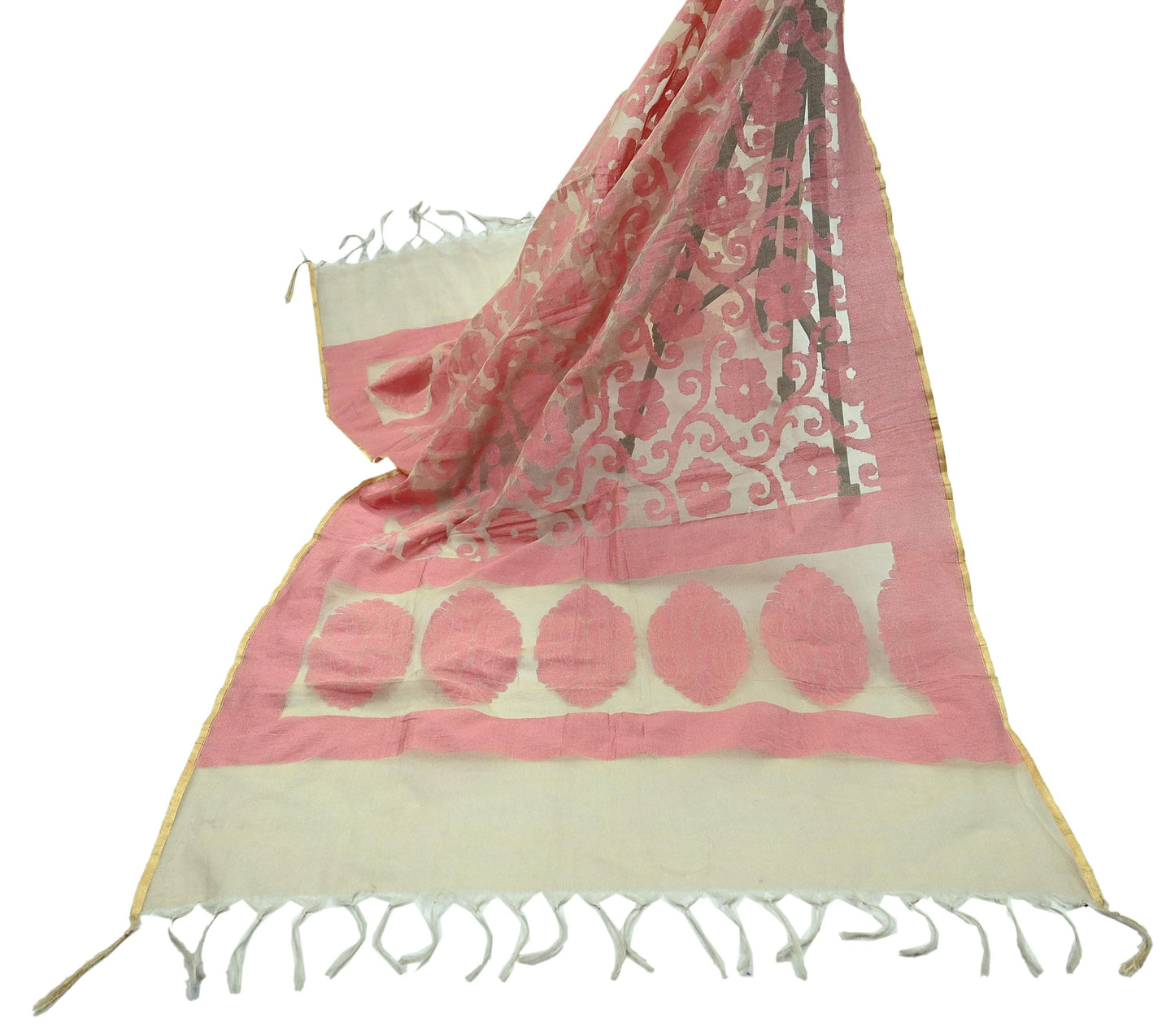 Indian Vintage Beige Dupatta Long Stole Chanderi Woven Scarves Veil Scarf Wrap Hippie Boho Soft Floral Fringes