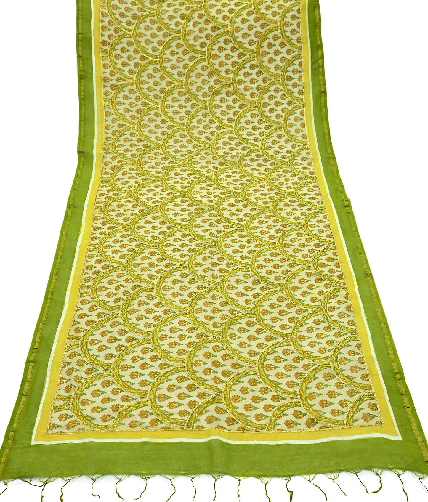 Indian Vintage Dupatta Beige Long Stole Printed Woven Gota patti Pure Chanderi Silk Scarves Veil Golden Zari Soft Fringes