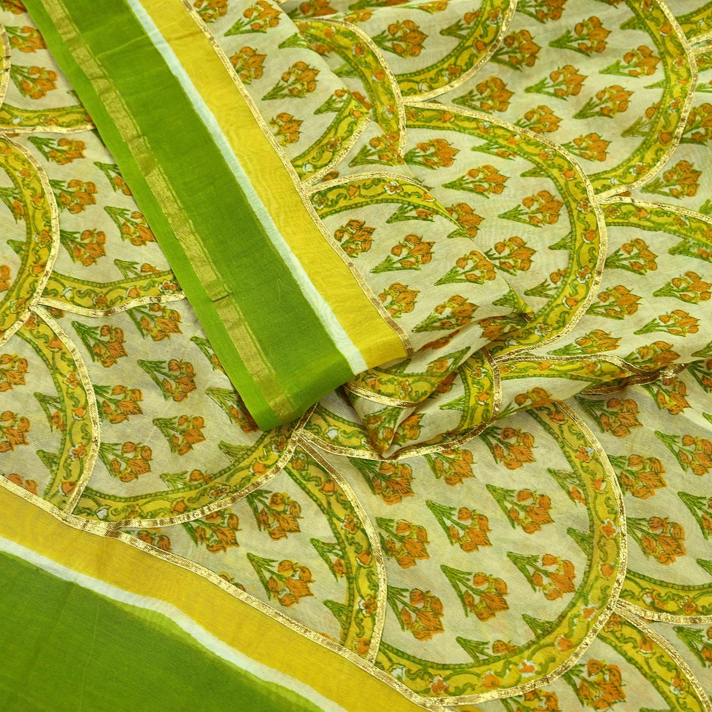 Indian Vintage Dupatta Beige Long Stole Printed Woven Gota patti Pure Chanderi Silk Scarves Veil Golden Zari Soft Fringes