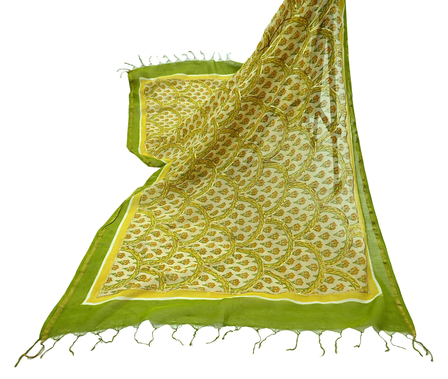 Indian Vintage Dupatta Beige Long Stole Printed Woven Gota patti Pure Chanderi Silk Scarves Veil Golden Zari Soft Fringes