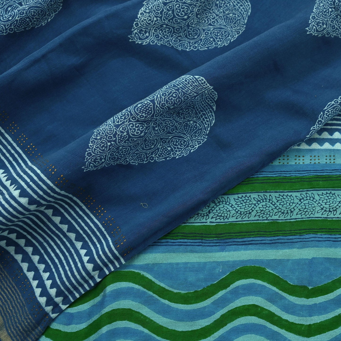 Indian Vintage Blue & Green Dupatta Long Stole Hand Block Print Pure Chanderi Silk Scarves Veil Golden Zari