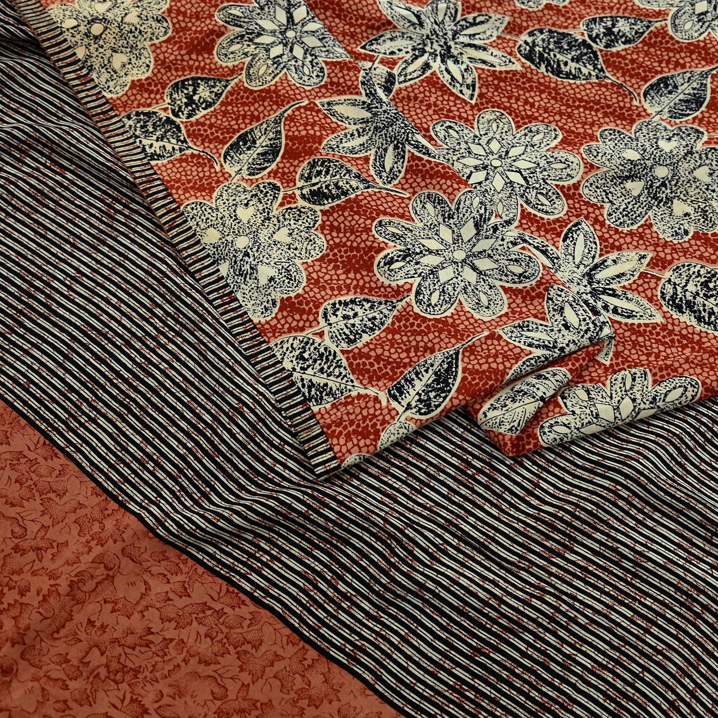 Indian Vintage Brown & Black Saree Pure Crepe Silk Printed Sari 5yd Sewing Floral Soft Craft Fabric Wrap Dress Making Crafting Quilting