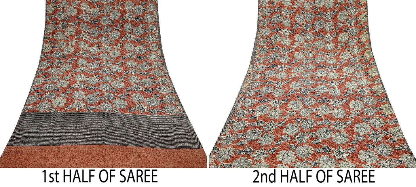 Indian Vintage Brown & Black Saree Pure Crepe Silk Printed Sari 5yd Sewing Floral Soft Craft Fabric Wrap Dress Making Crafting Quilting