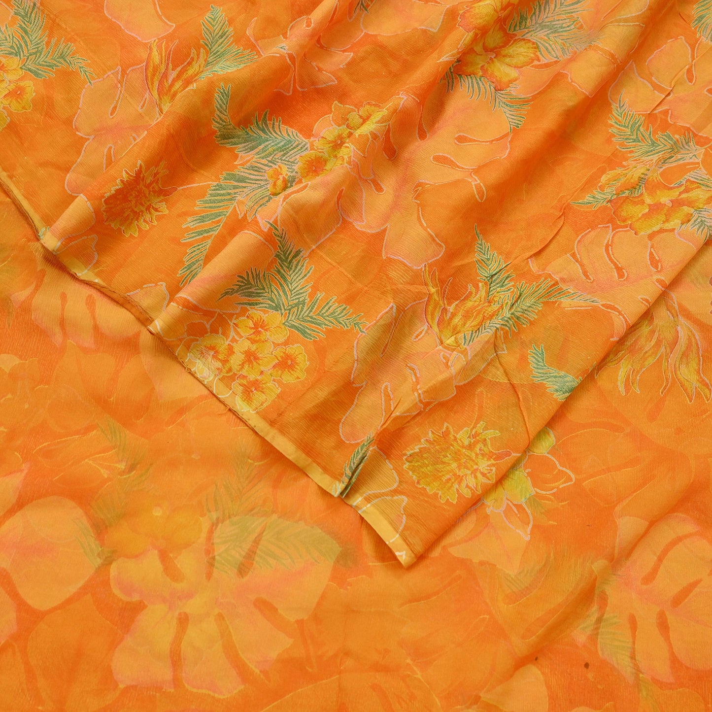 Indian Vintage Sari Orange Pure Chiffon Silk Printed Sarees 5Yd Craft Fabric Sewing Soft Light Sari Dress Making Quilting For Crating