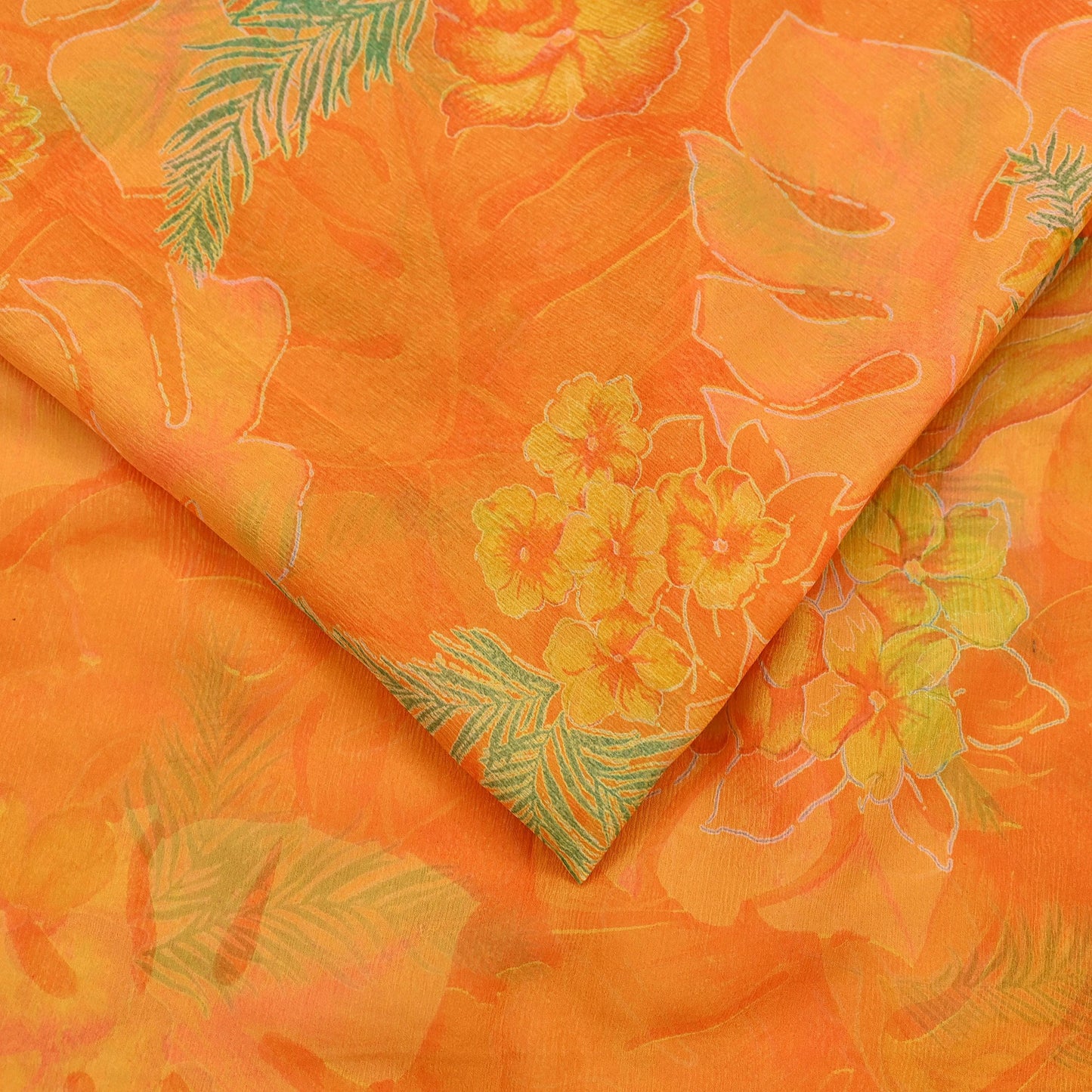 Indian Vintage Sari Orange Pure Chiffon Silk Printed Sarees 5Yd Craft Fabric Sewing Soft Light Sari Dress Making Quilting For Crating