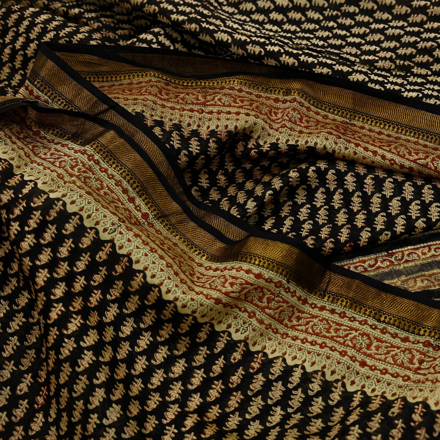 Indian Vintage Sari Beige & Black Pure chanderi Silk Bagru Printed Sarees Craft Fabric 5Yd Floral Soft Zari Border Ethnic Dress making