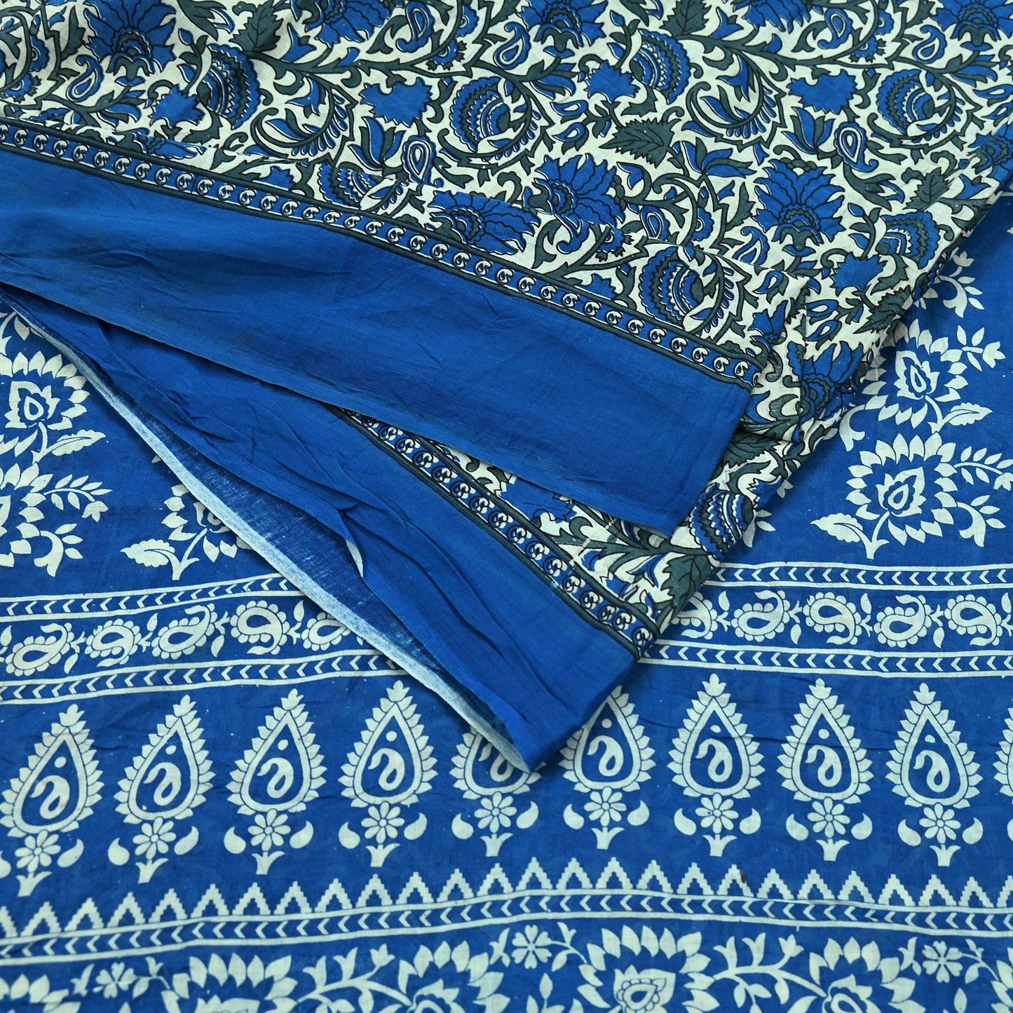 Indian Vintage Sari Ivory & Blue Printed Pure Cotton Sarees 5Yd Craft Fabric Sewing Sarong Wrap Boho Upcycle quilting Dress making