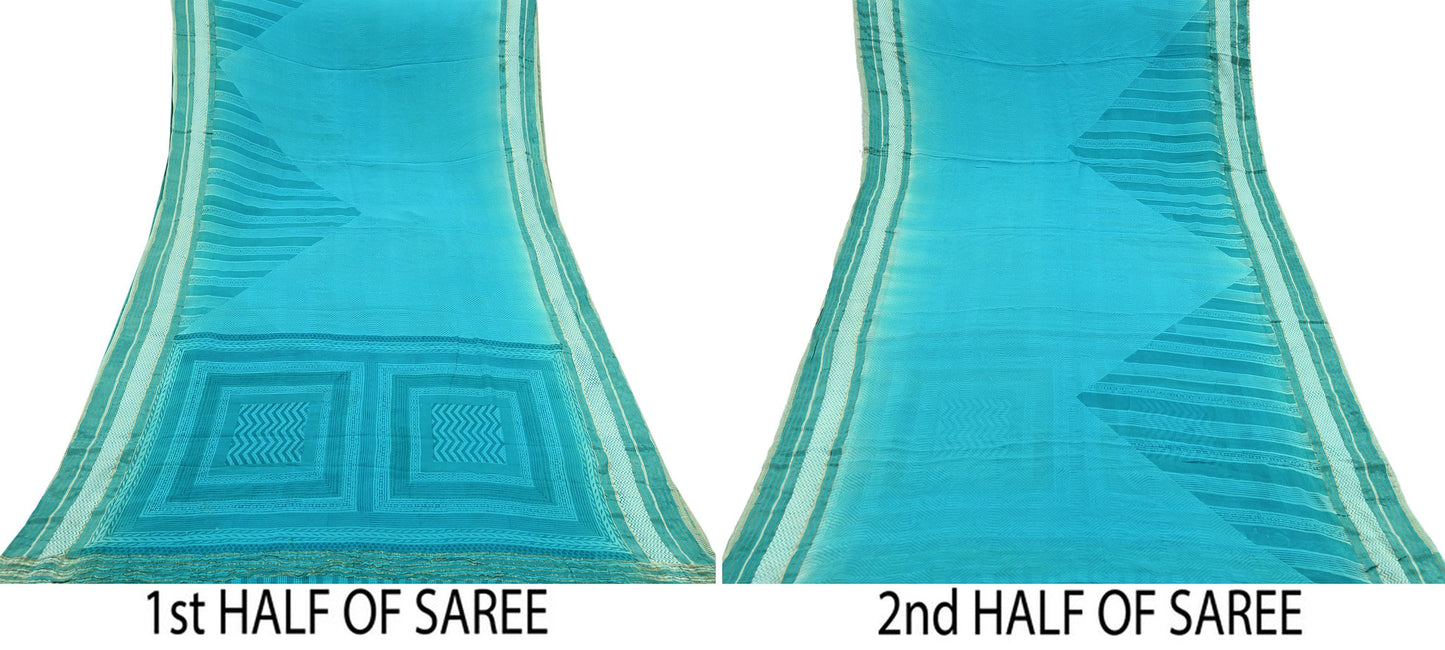Women Vintage Sari Blue Pure Georgette Silk Printed Saree Craft Fabric Sewing 6Yd Soft Light Dress Making Quilting Abstract Zari