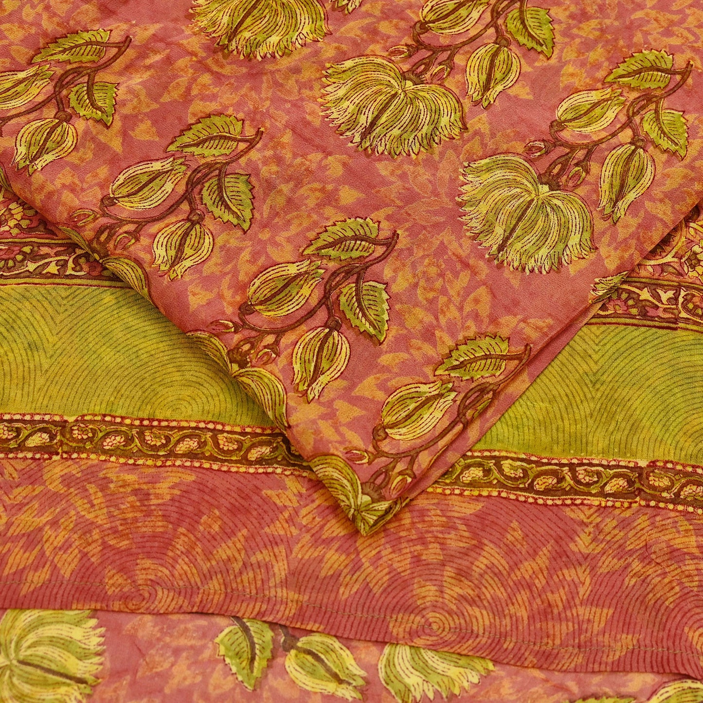 Indian Women Vintage Sari Pink & Green Pure Georgette Silk Printed Saree Sewing 5yd Soft Craft Abstract Design Wrap Boho