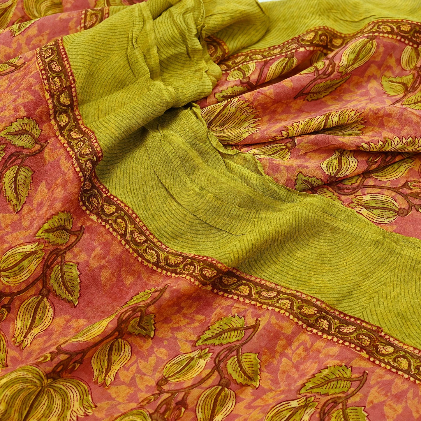 Indian Women Vintage Sari Pink & Green Pure Georgette Silk Printed Saree Sewing 5yd Soft Craft Abstract Design Wrap Boho