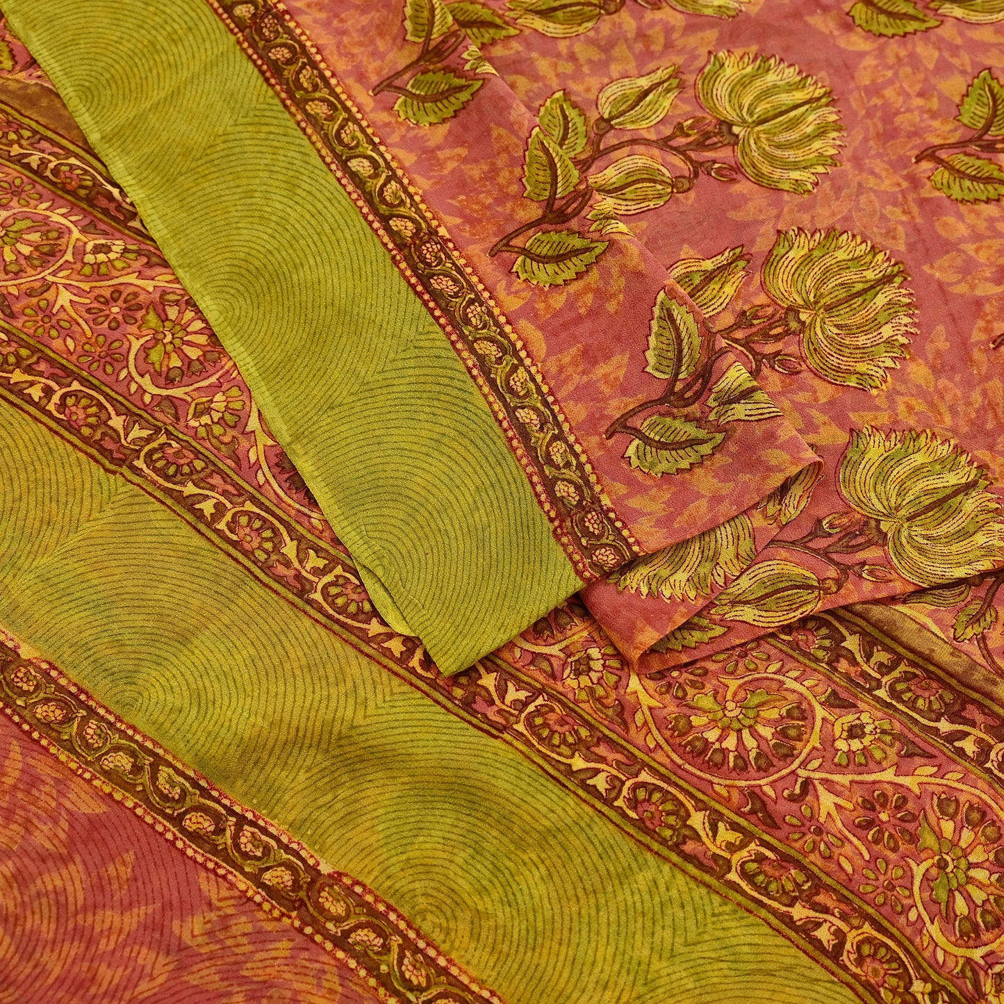 Indian Women Vintage Sari Pink & Green Pure Georgette Silk Printed Saree Sewing 5yd Soft Craft Abstract Design Wrap Boho