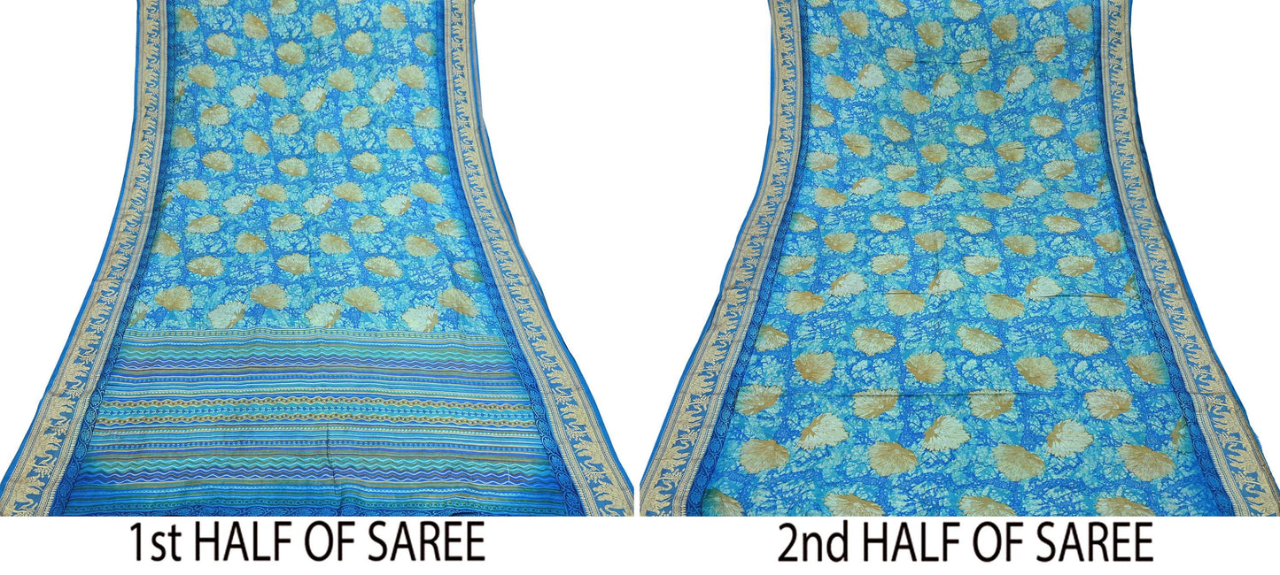 Indian Vintage Sari Green & Blue 100% Pure Silk Printed Sarees 5yd Sewing Craft Fabric Dress Making Soft Woven Border Upcycle Quilting