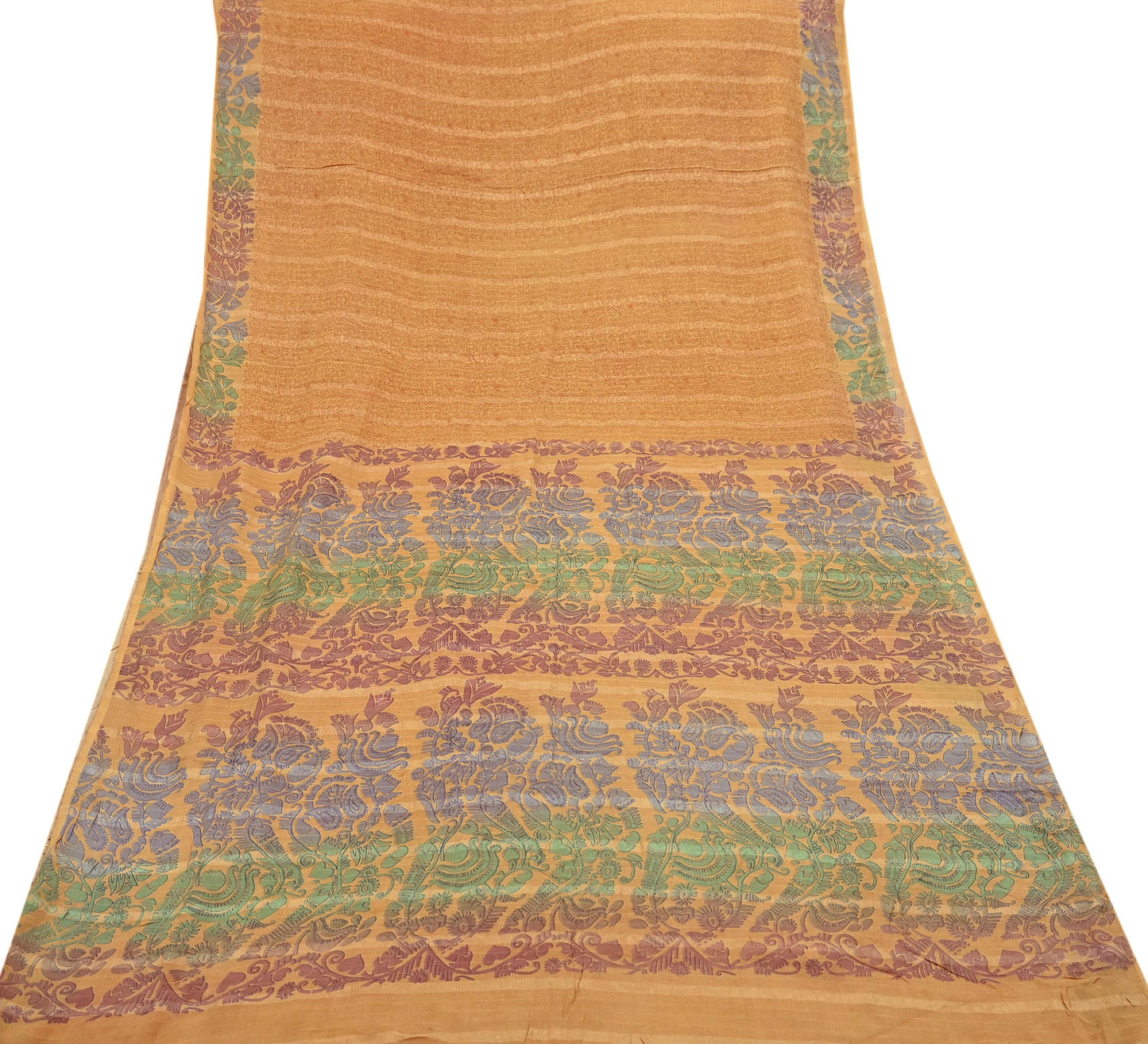 Indian Vintage Sari Saffron 100% Pure Silk Printed Saree 6yd Sewing Craft Fabric Dress Making Soft Wrap Floral Abstract Quilting Crafting