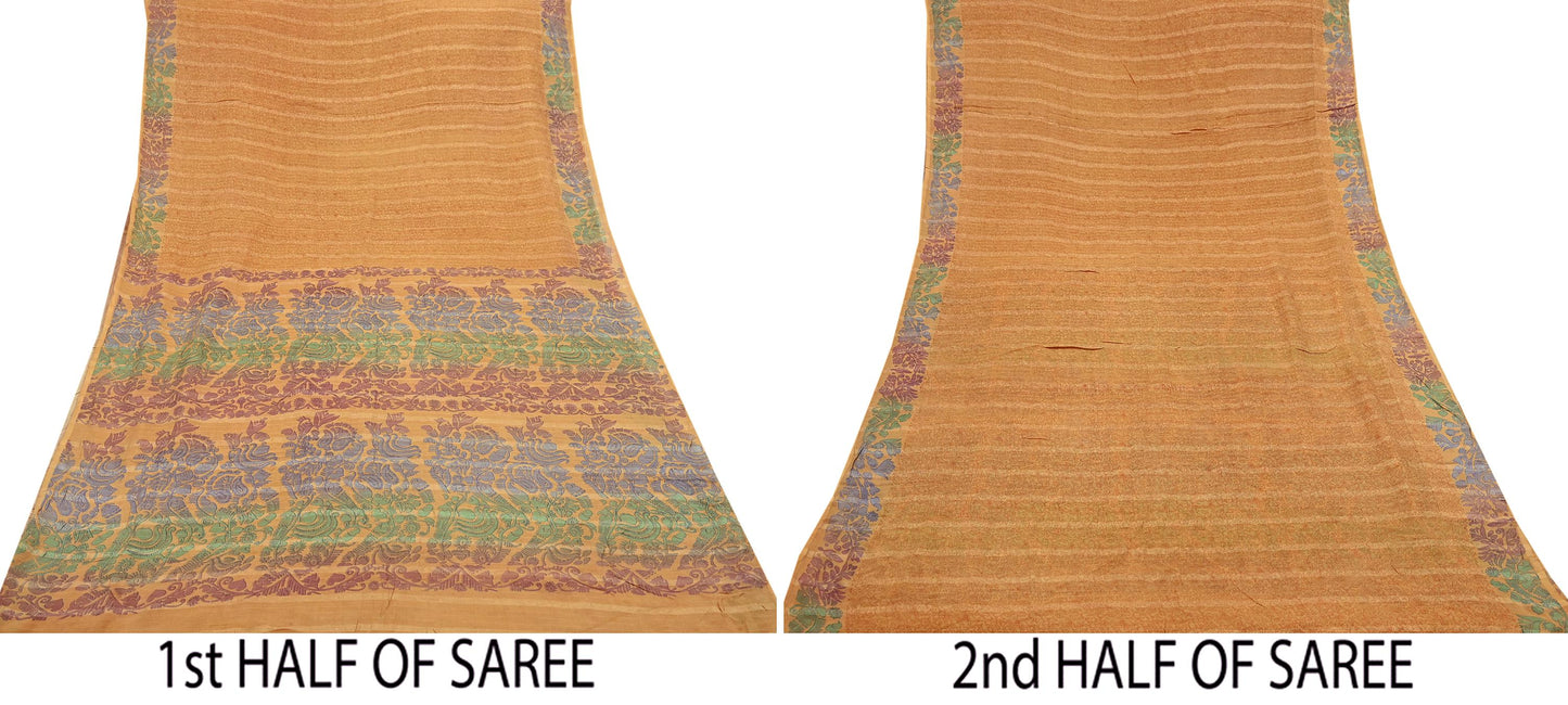 Indian Vintage Sari Saffron 100% Pure Silk Printed Saree 6yd Sewing Craft Fabric Dress Making Soft Wrap Floral Abstract Quilting Crafting