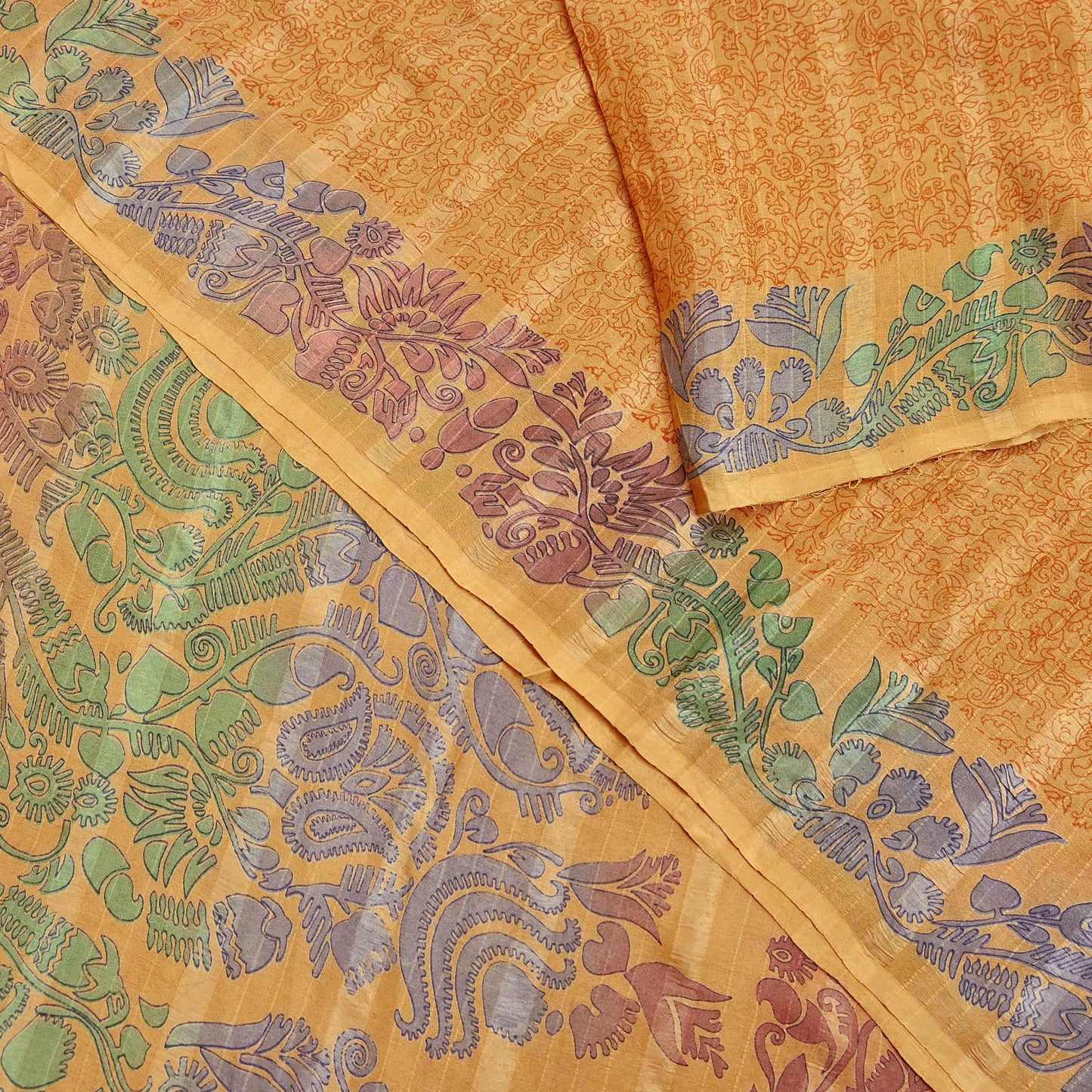 Indian Vintage Sari Saffron 100% Pure Silk Printed Saree 6yd Sewing Craft Fabric Dress Making Soft Wrap Floral Abstract Quilting Crafting